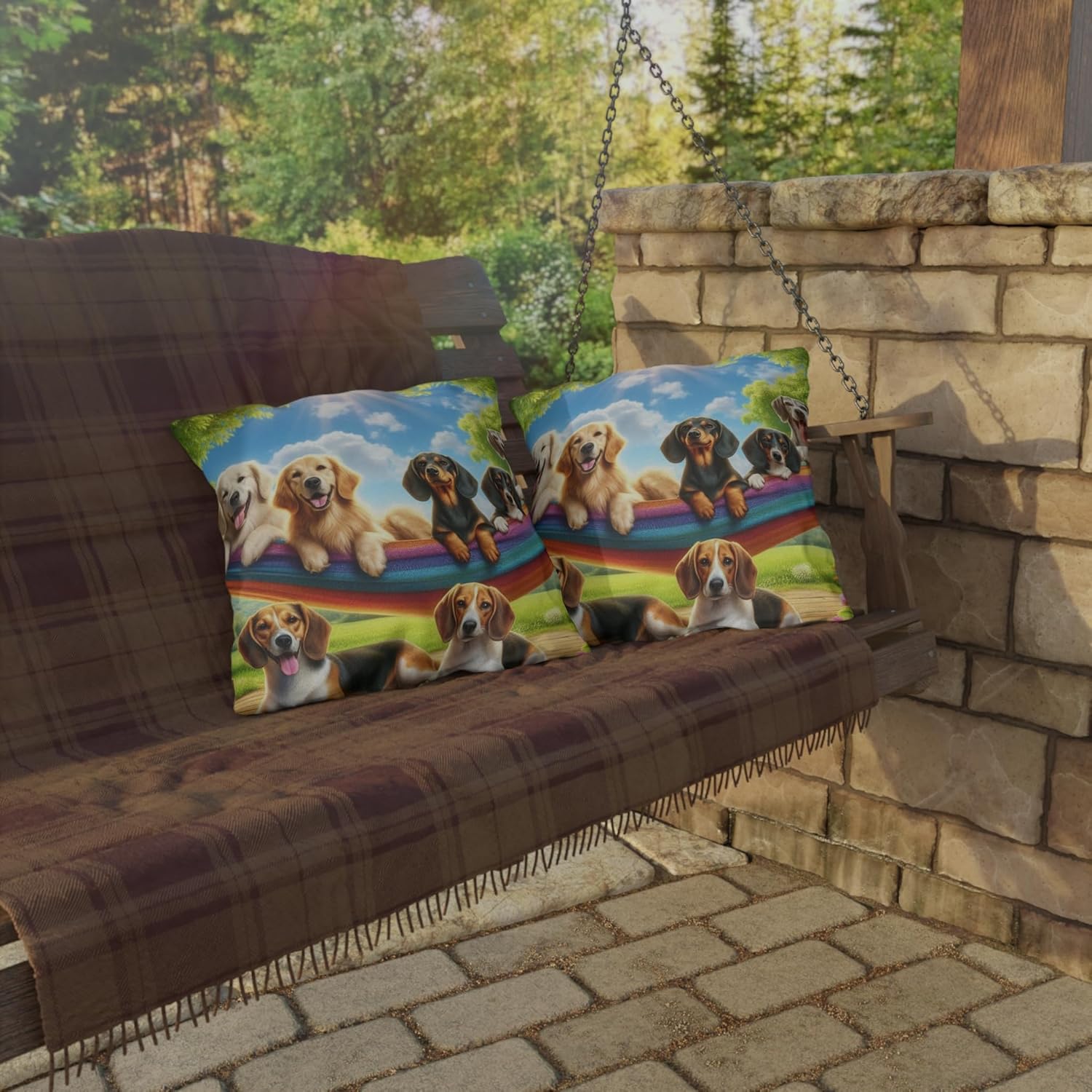 Dogs Lounging in Hammocks Outdoor Pillow – Vibrant, Water-Resistant Décor