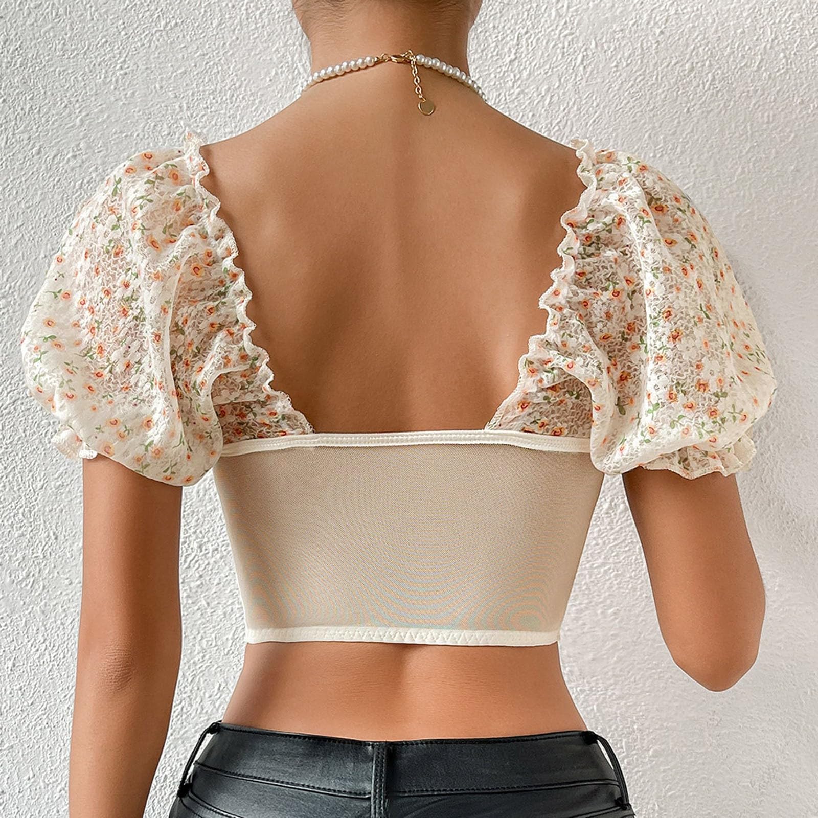 Camicetta Dirndl da donna, trasparente, bianca, elegante, con inserto in pizzo, corsetto elegante, maniche svasate, top corto avvolgente con camicetta in pizzo per lingerie