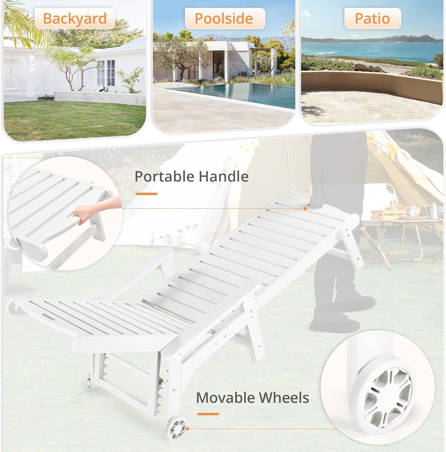 LUE BONA HDPS Chaise Lounge Chairs Set with Table, 3-Piece, Outdoor Pool Lounge Chair with Adjustable Backrest, Resin Patio Lounge Chairs with Wheels for Outside, Poolside, White
