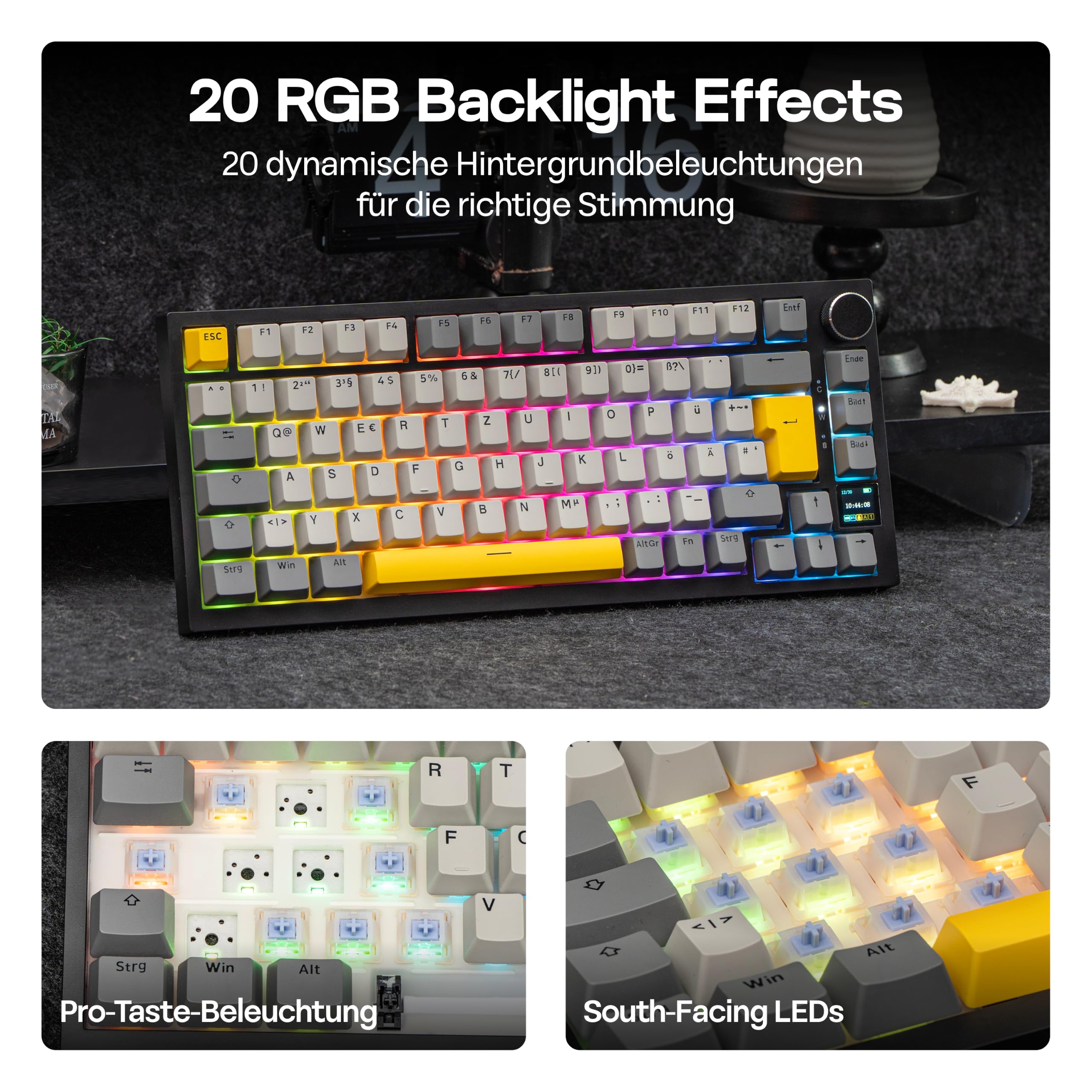 MechLands AK820 PRO 75% Mechanische Tastatur, QWERTZ Deutsches Layout, 3 Modi Drahtlose Tastatur mit TFT-Bildschirm & Cremiger Dichtungsstruktur, Hot-Swap-fähig, RGB, NKRO für Win/Mac (Schwarz)