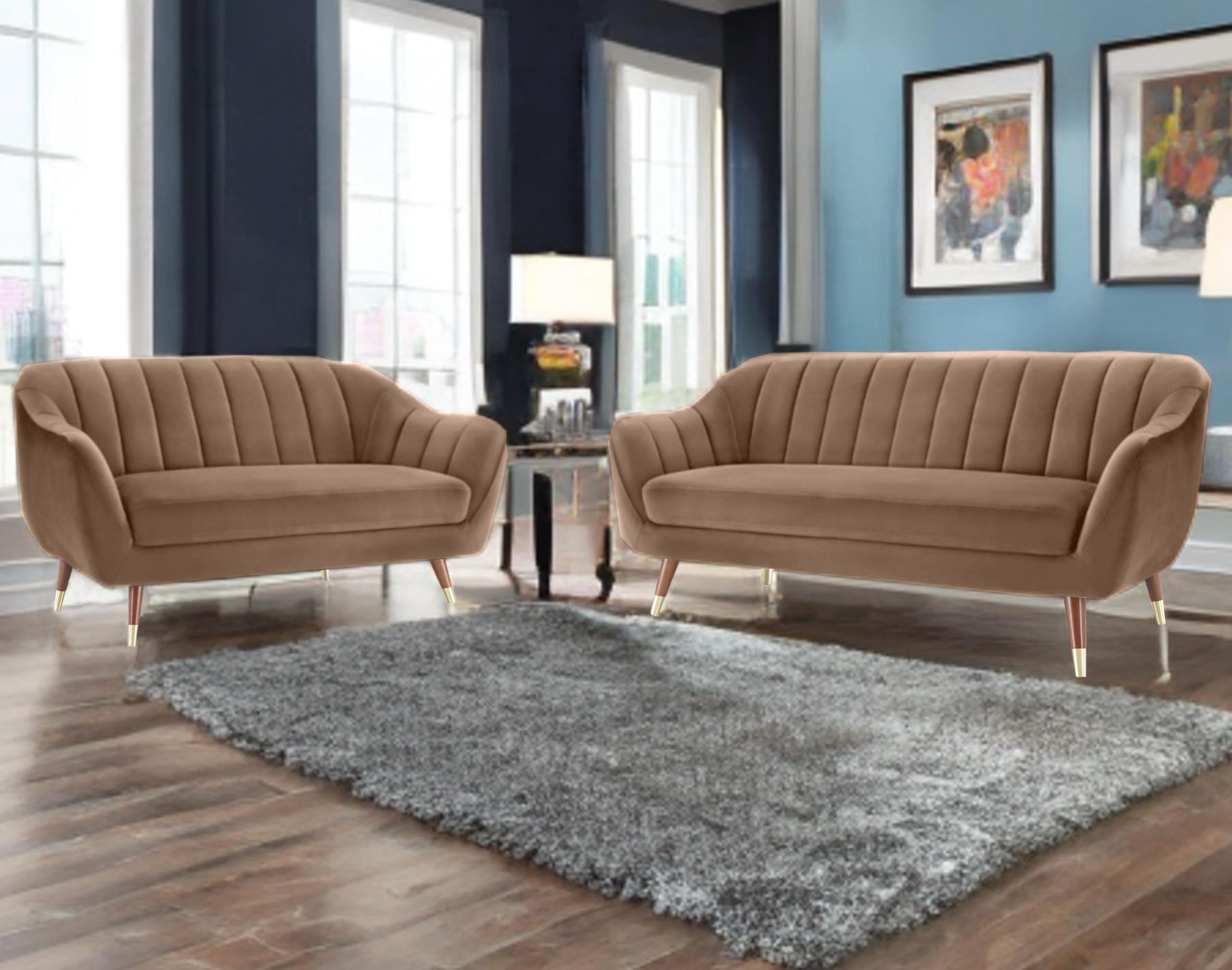 AMATA Marino Solid Wood 3+2 Seater Camel Suede Velvet Fabric Sofa Set with Two Cushions Perfect for Home Office Guests Living Room (04 Camel, 3+2 Seater)(03 Year Warranty)