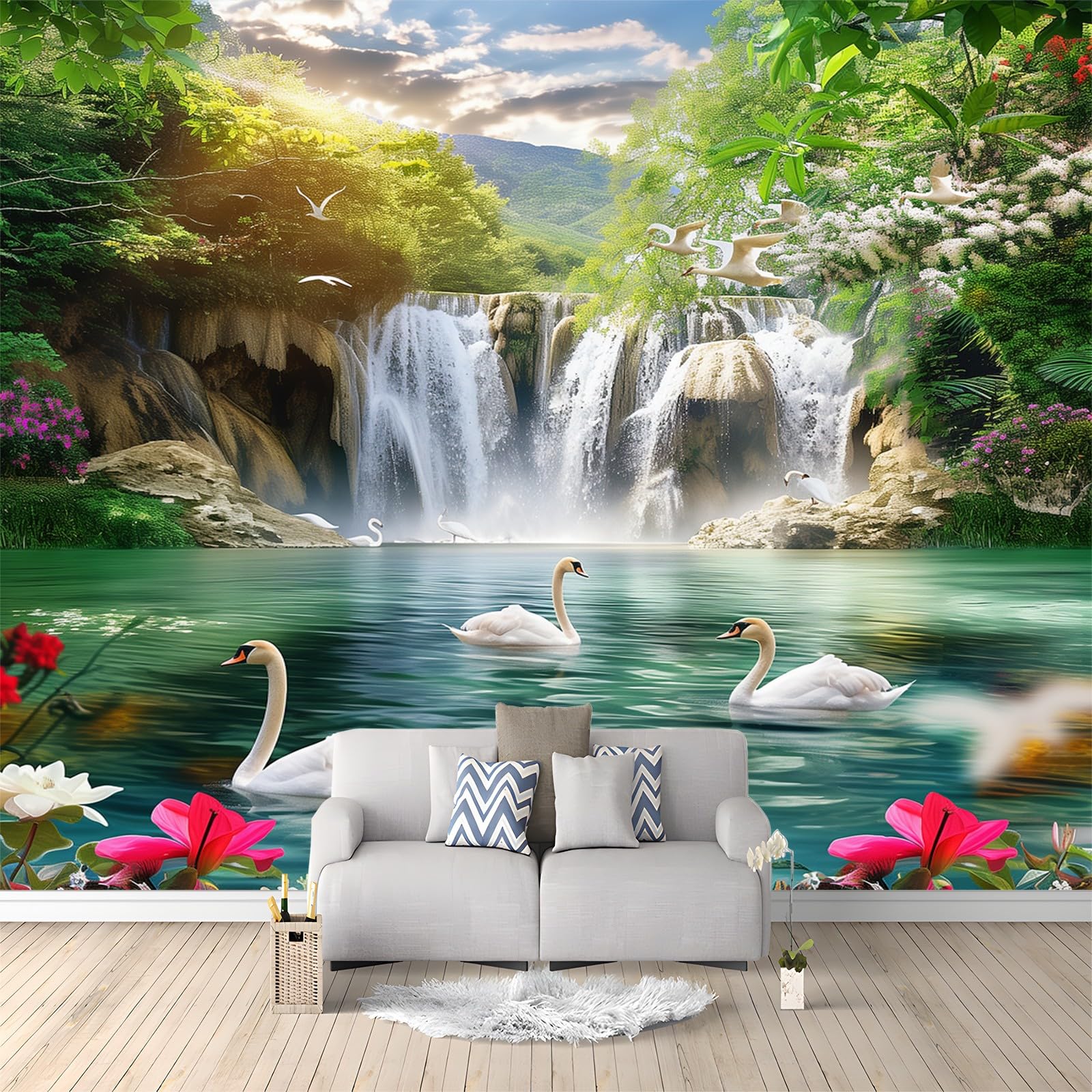 Fototapeta 350 x 256 cm, naturalna łabędzie, wodospady, efekt 3D, tapeta z włókniny, nowoczesna tapeta ścienna, do salonu, sypialni, pokoju dziecięcego, kolorowa, idealna do kuchni i różnych