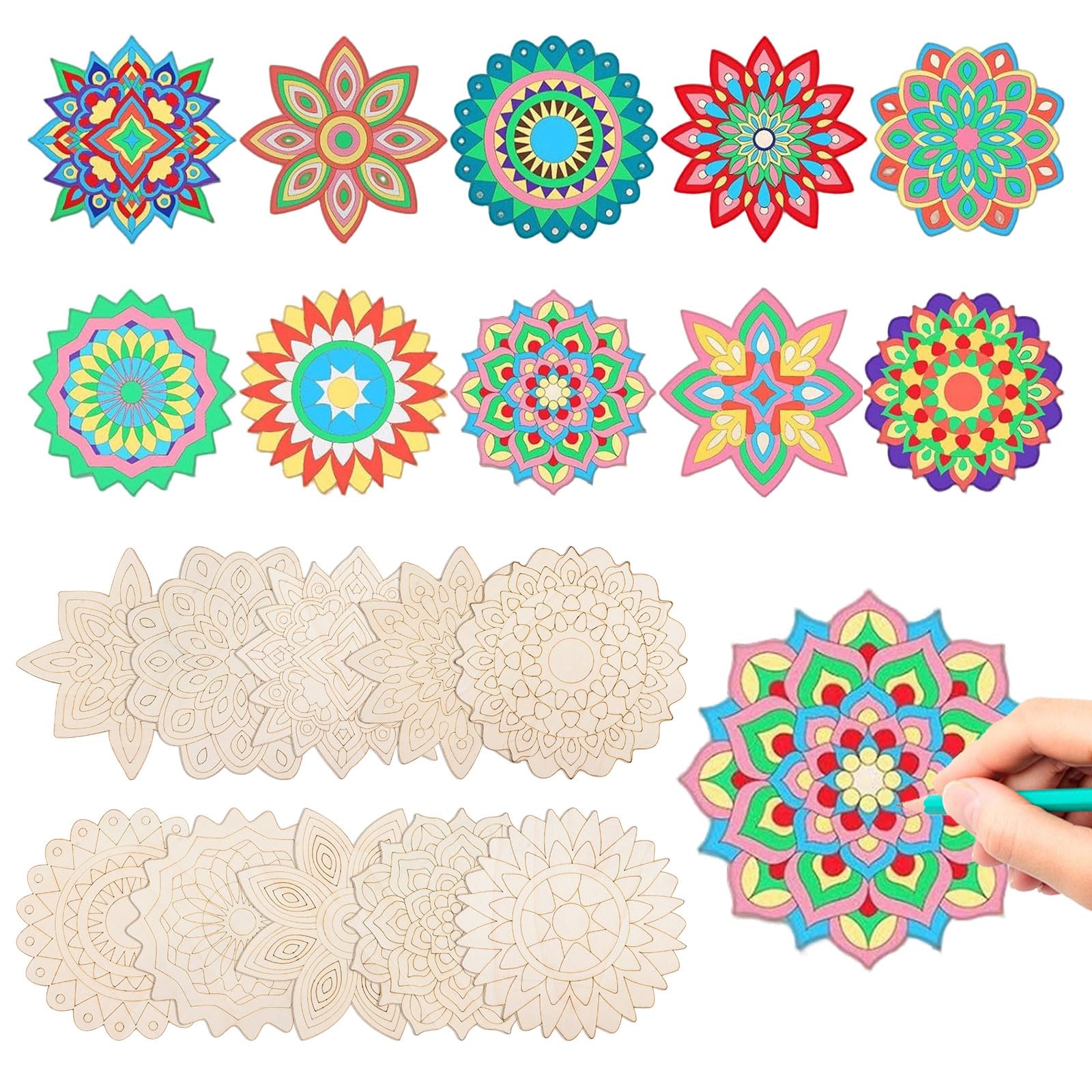 HICOHAND 10 Pieces Wood Mandala Painting Stencil Set, Reusable Circular Timber Drawing Template for DIY Art Craft Family Coloring Activity for Adults Teens