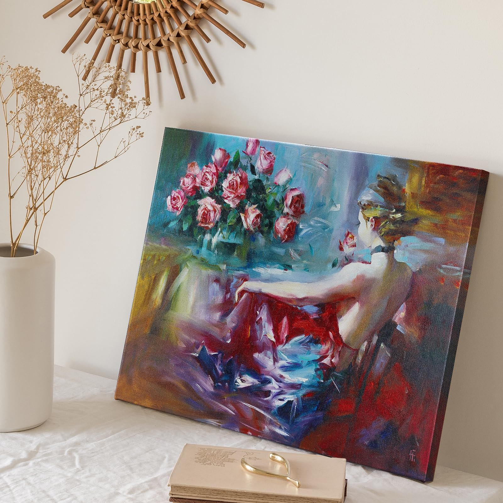 JBER Sztuka ścienna na płótnie, dekoracja stołu ściennego do sypialni, salonu, piękny prezent, obraz olejny na płótnie do pokoju - 60 x 40 cm (pełna wdzięku czerwona sukienka)