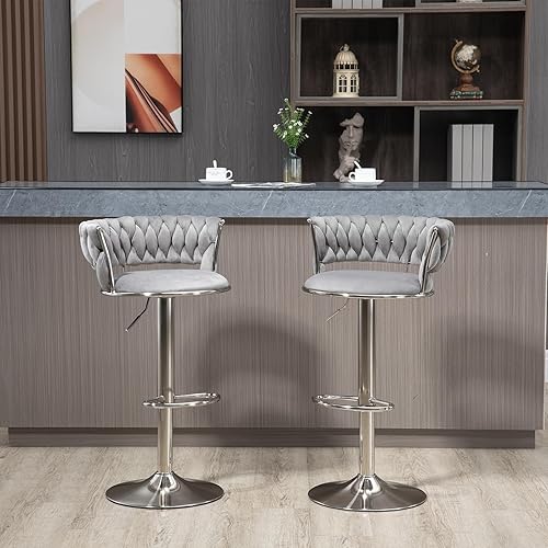 Miniatura 9 de Juego de 2 taburetes de bar grises, modernos taburetes de bar giratorios de 360 con respaldo tejido, base plateada, sillas de bar de terciopelo,