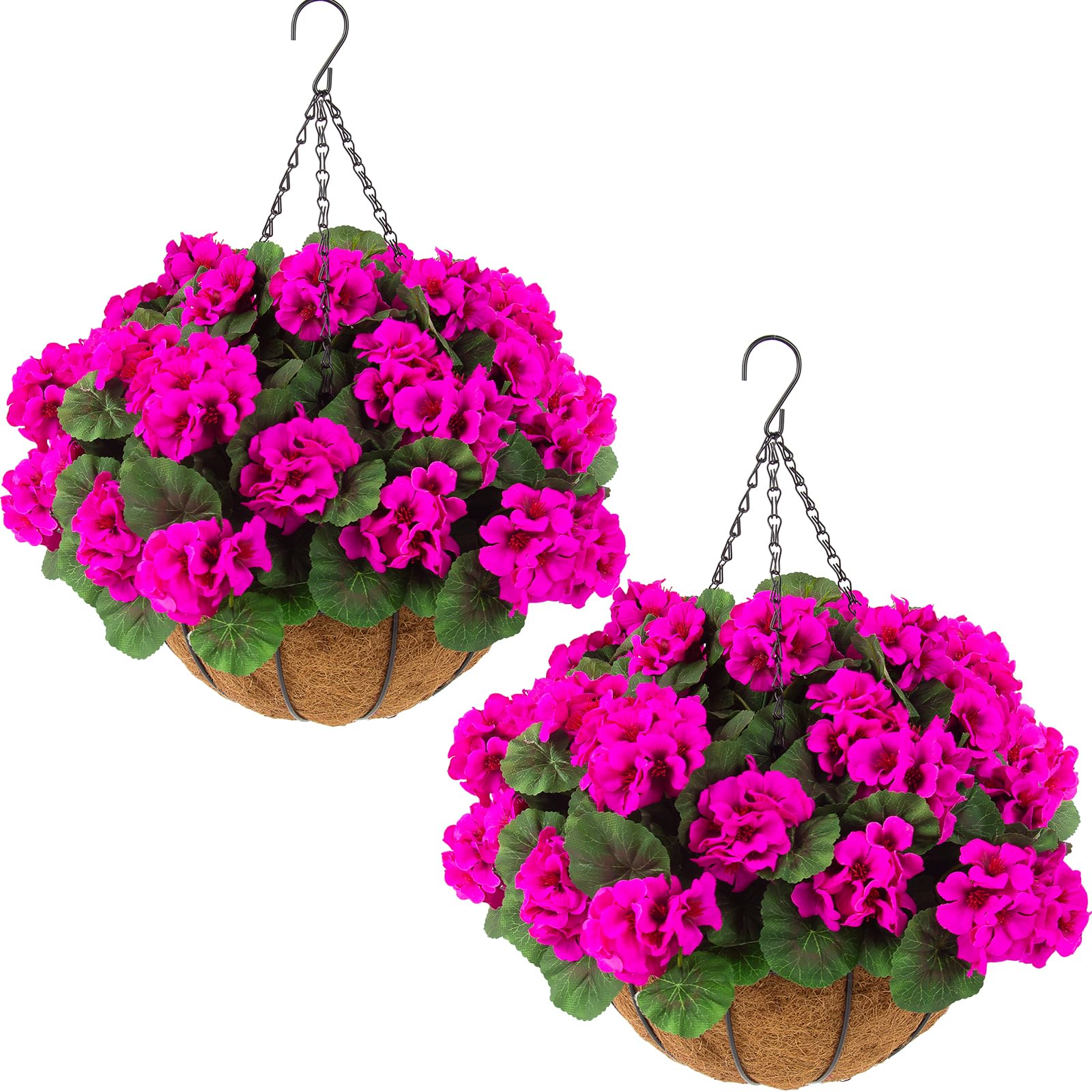 Photo 1 of Hananona 2 Set Artificial Outdoor Geraniums Flowers with Hanging Basket, 2 Hanging Planters with 12 Pcs Red Geranium Flowers for Spring Summer Front Porch Garden Patio Home Decor (2, Rose Red)