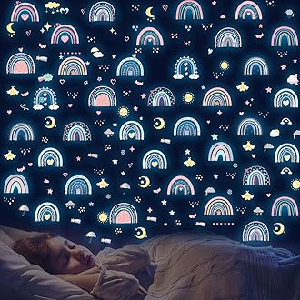 Glow in The Dark Boho Rainbow Wall Decals,Glowing Luminous Small Rainbow Wall Stickers Colorful Removable self-Adhesive Rainbow Sun Moon Star Heart Decals for Girls Bedroom Decoration