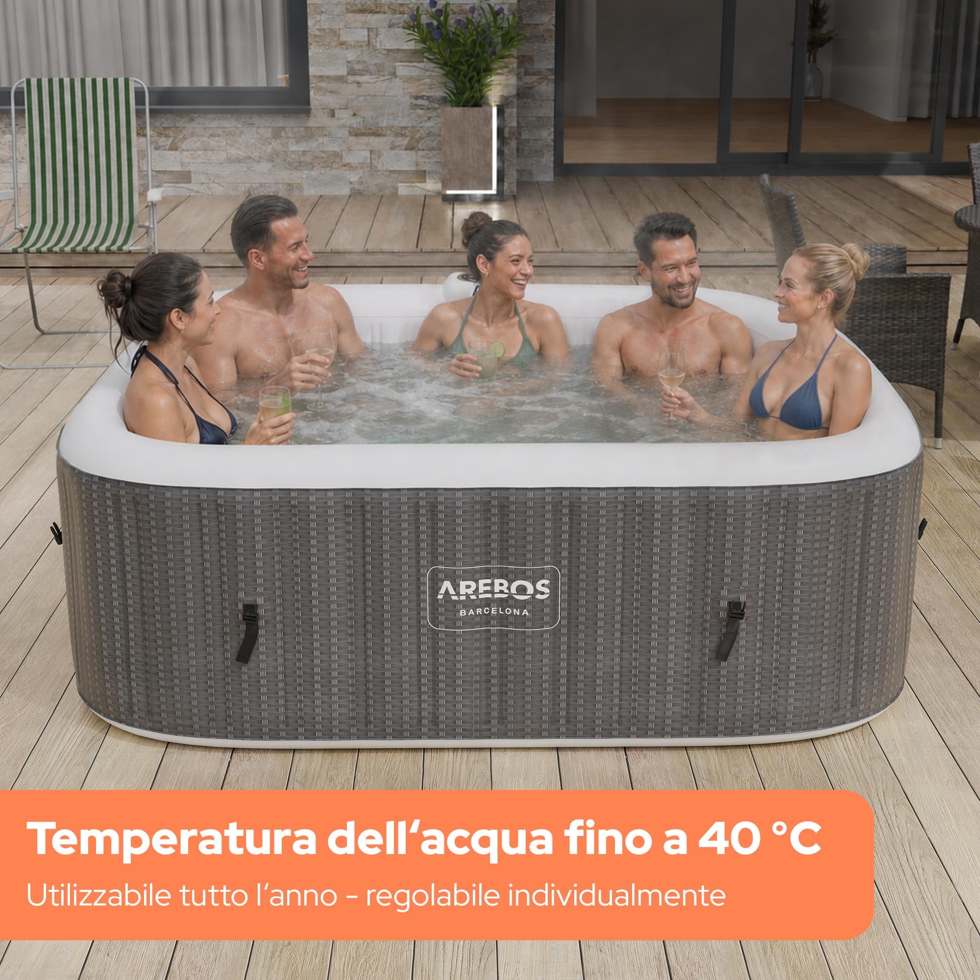 Arebos Spa idromassaggio 2400W | Piscina all'aperto | per 6 persone 185x185cm | 130 getti massaggianti | 910 L con riscaldamento | Funzione di gonfiaggio con un pulsante | Copertura inclusa | Bubble S