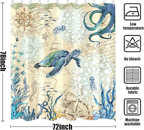 Miniatura 7 de Aipon Cortina de ducha náutica de tortuga marina, pulpo, playa, playa costera, concha, medusas, tela impermeable, para decoración de baño, cortina