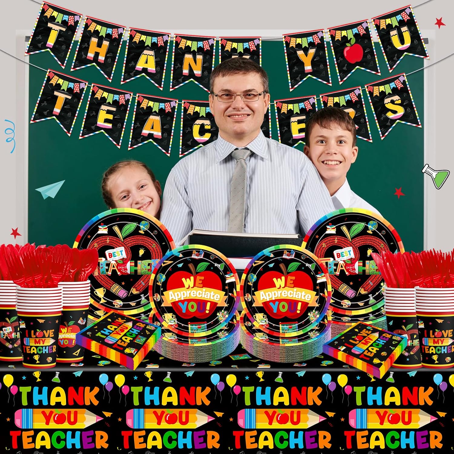 185Pcs Teacher Appreciation Party Supplies Teacher Appreciation Decorations Teacher Appreciation Banner Thank You Teachers Tableware (black red)