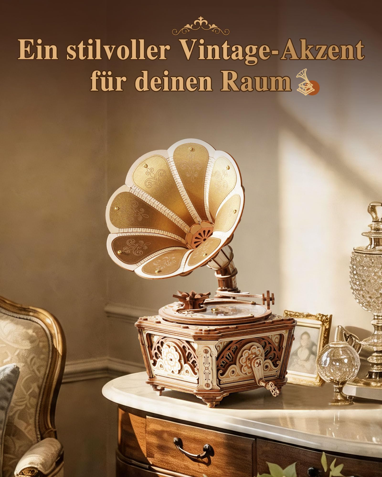 ROKR Diva Grammophon 3D Holzpuzzle Mechanische Spieluhr AMK82 | Vintage DIY Bausatz ohne Kleber, dekoratives Grammophon-Modell, kreative Geschenkidee für Erwachsene und Musikliebhaber