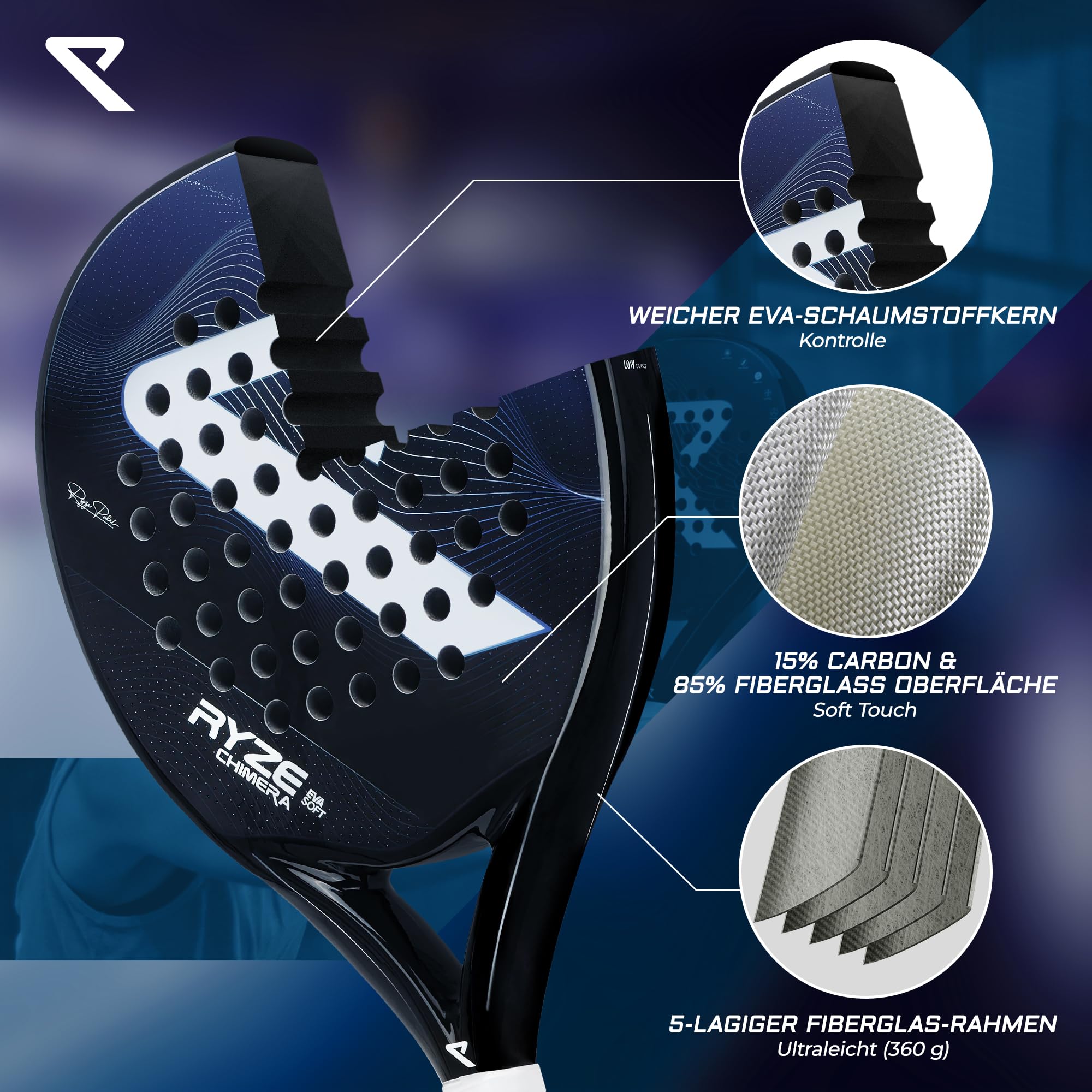 RYZE Chimera Padel Schläger Kohlefaser Fiberglas 360g Unisex Padelschläger