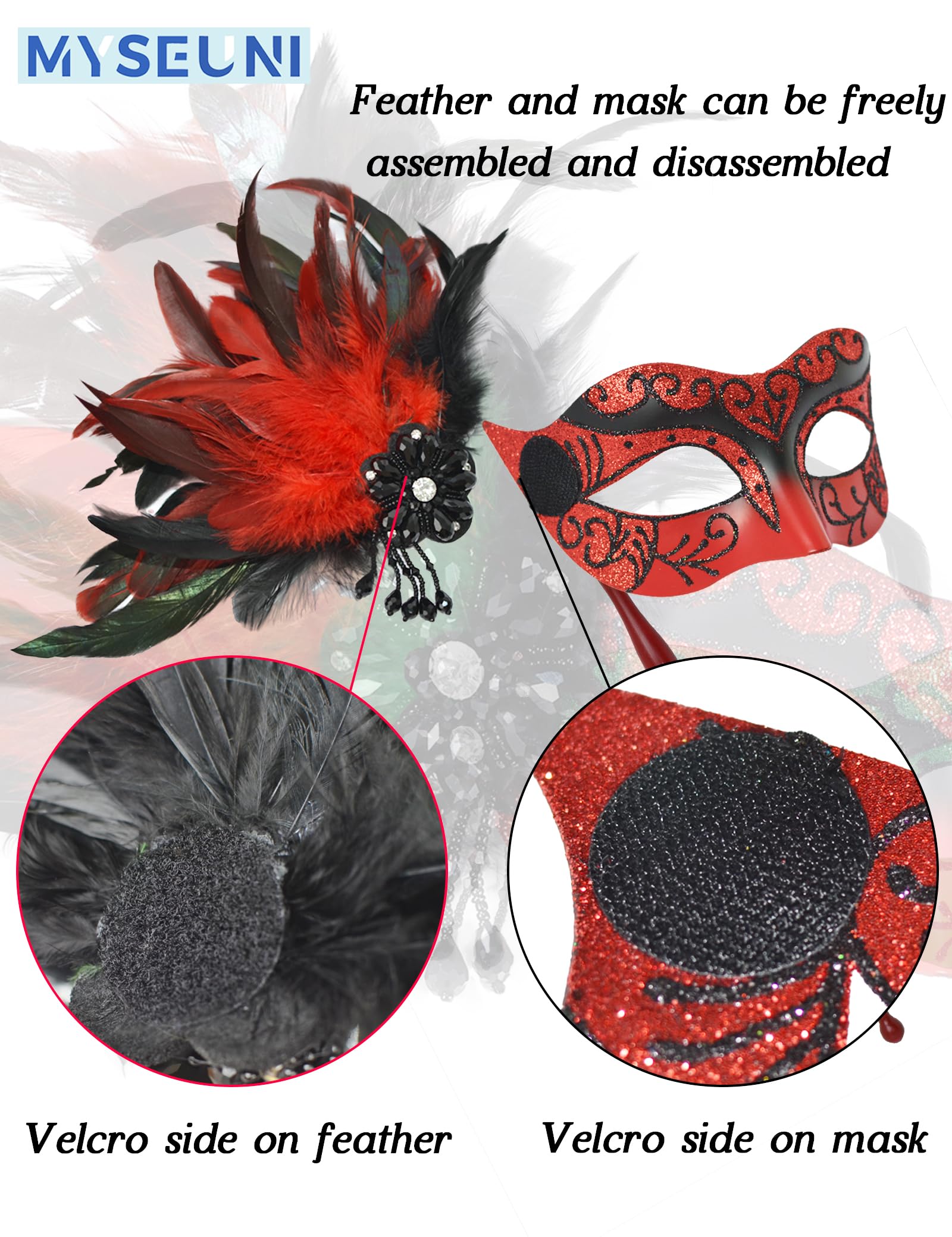 MYSEUNI Red Masquerade Mask for Women with Holding Stick, Bright Feathered Red Mardi Gras Mask for Halloween Carnival - Image 3