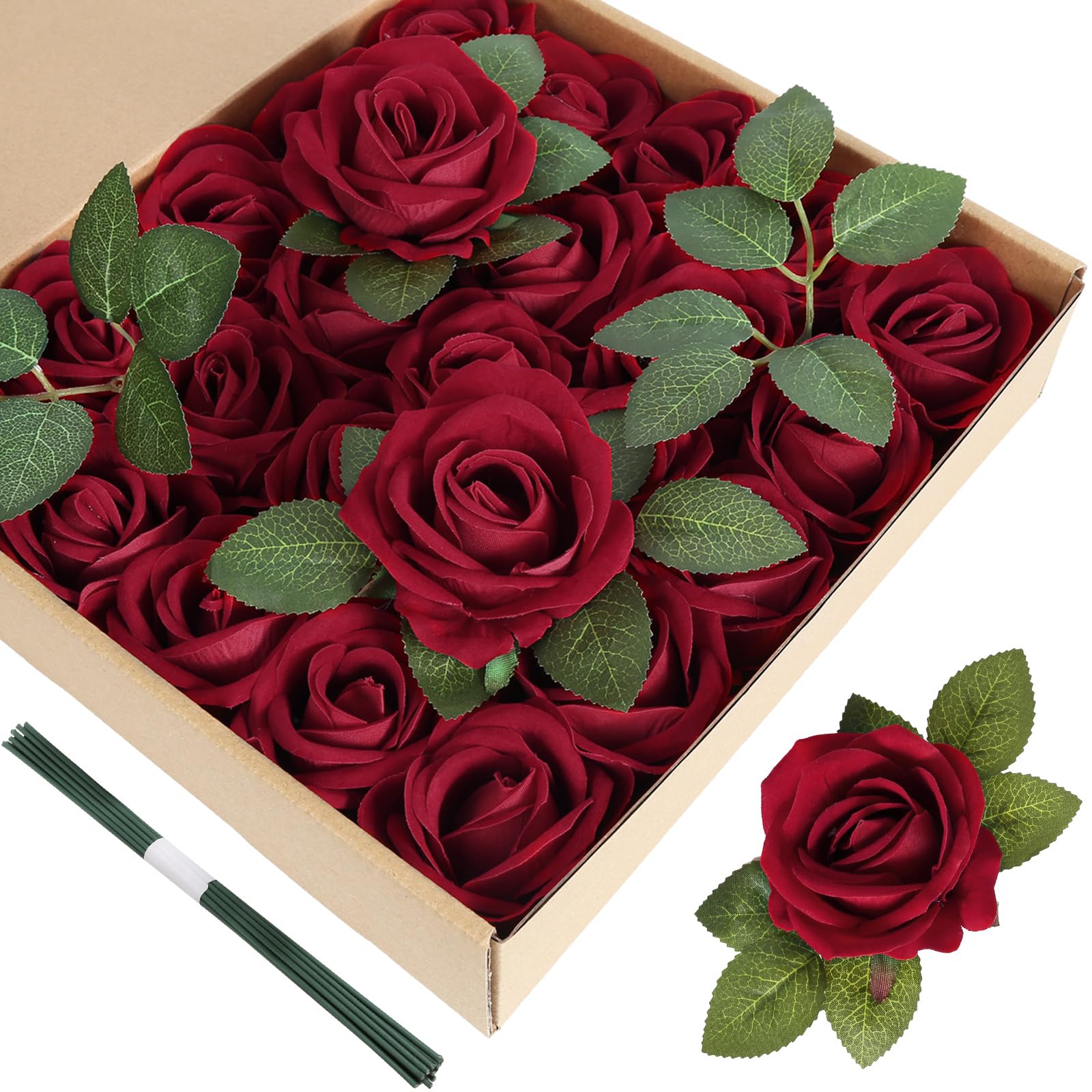 ICBOX Red Artificial Roses 25PCS Red Velvet Roses Artificial Flowers Real Look Silk Flowers with Stems for DIY Wedding Party Baby Shower Home Decoration(Red)