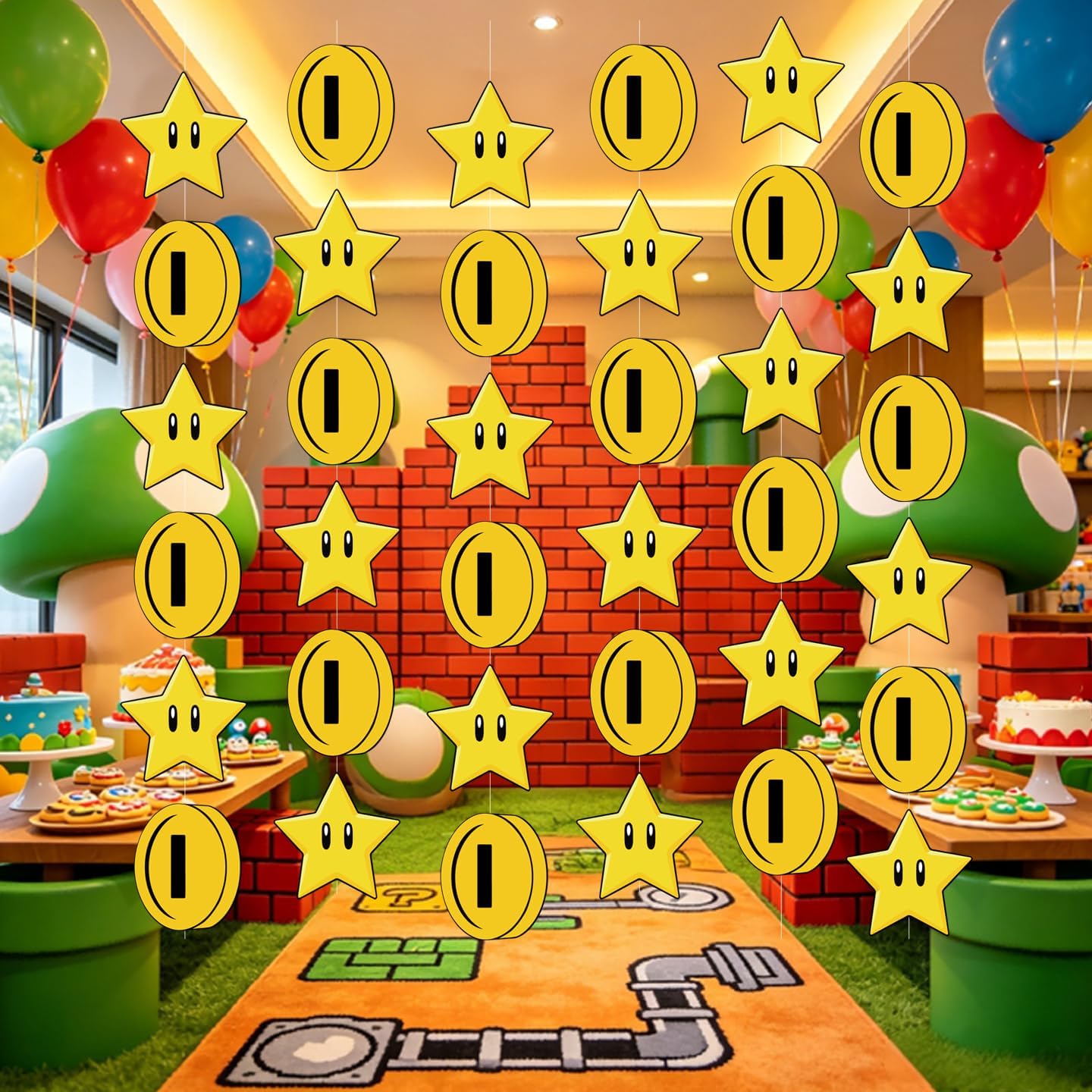 32 Pcs Game Star & Gold Coin Hanging Banner Cards, Retro Video Game Style Hanging Banner Decorations for Birthday, Sunday School, VBS, Classroom & Home Party Supplies image 4
