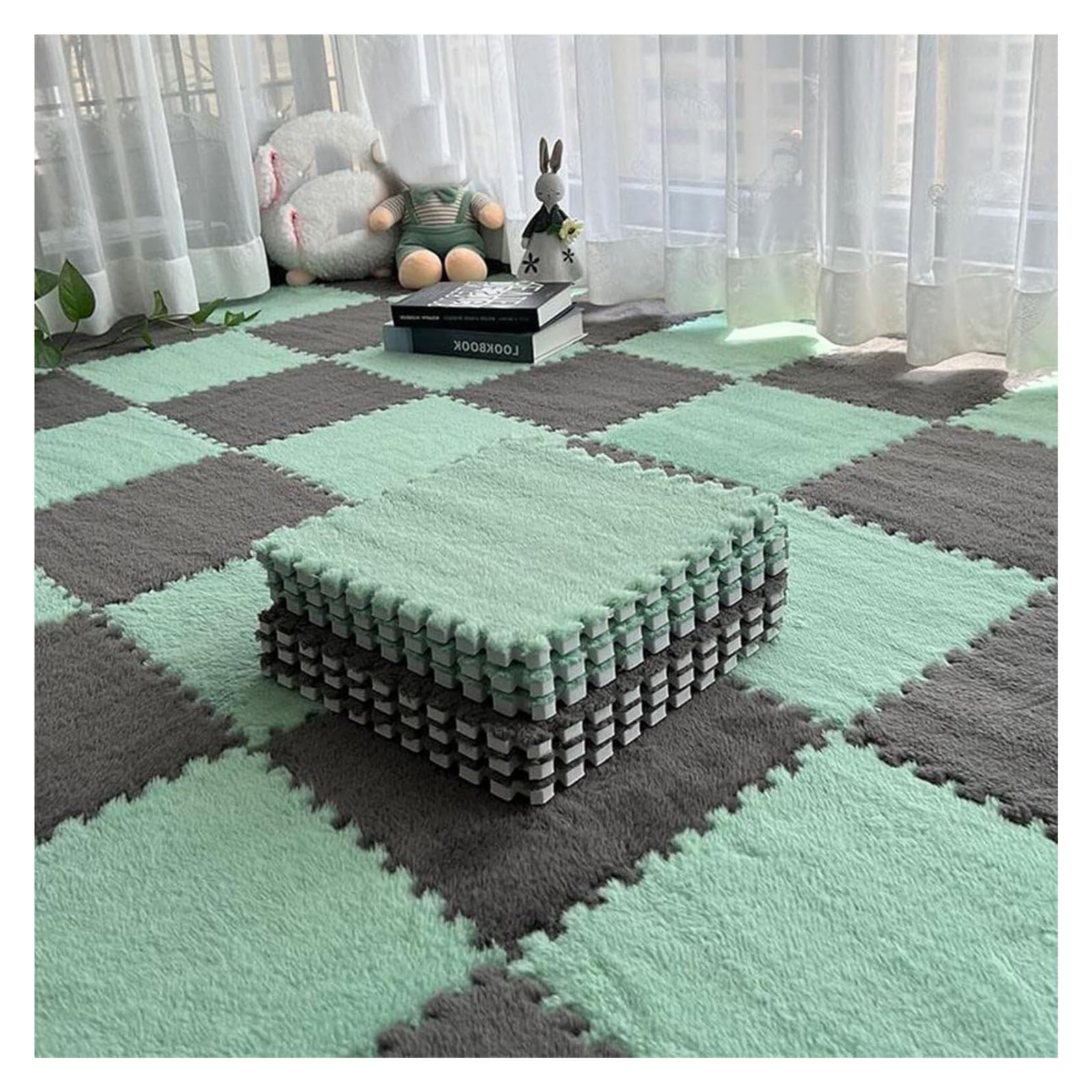 Miękkie, blokujące się płytki dywanowe 10 szt. kwadratowe piankowe miękkie dywany(Mint Green+gray)
