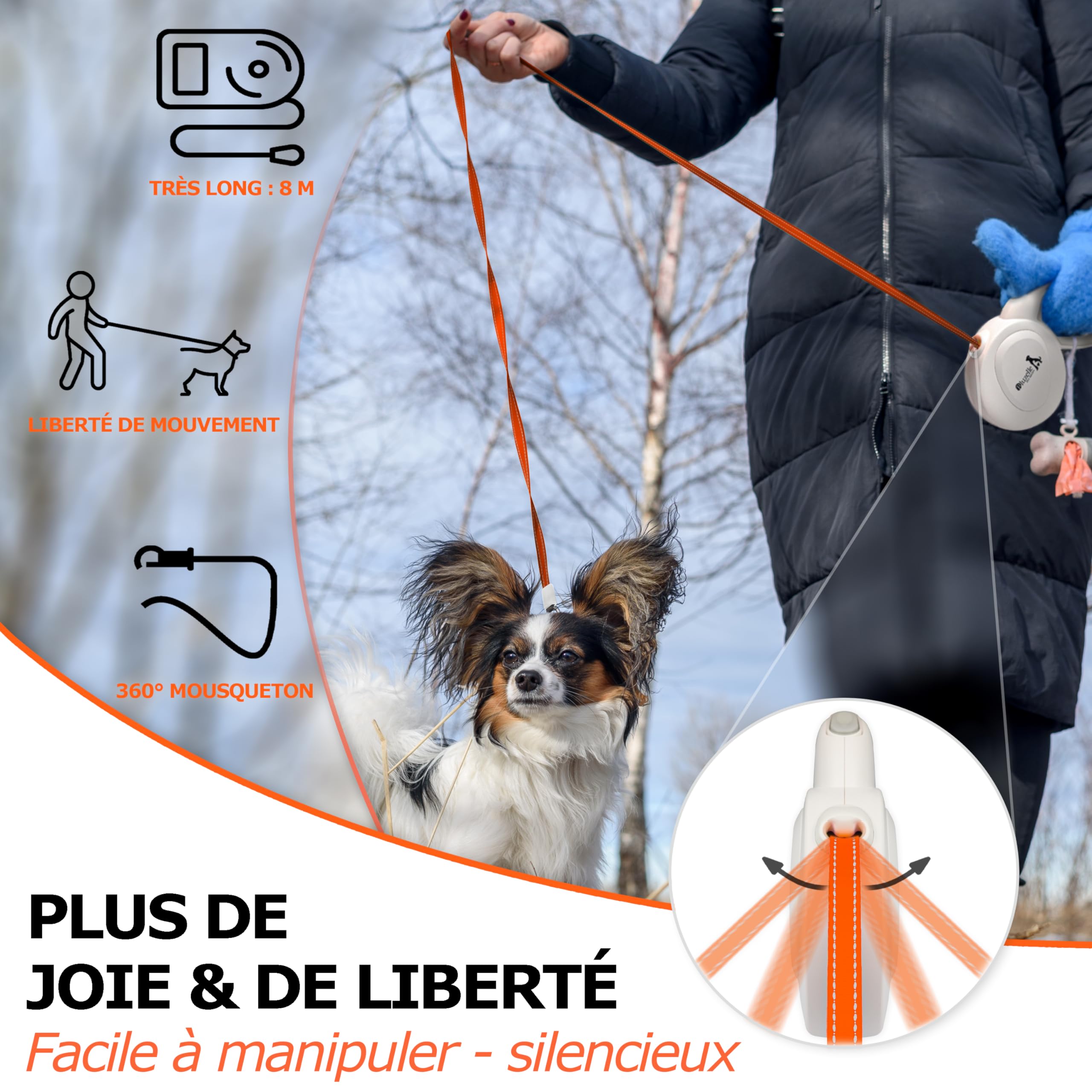 Laisse pour Chiens Grands jusqu'à 50kg, 8m Longue Longe Chien, Enrouleur de Sangle avec Orange Bande Lumineux et Mousqueton 360° Métal, Frein de Rétraction, Poignée Ergonomique, Blanc