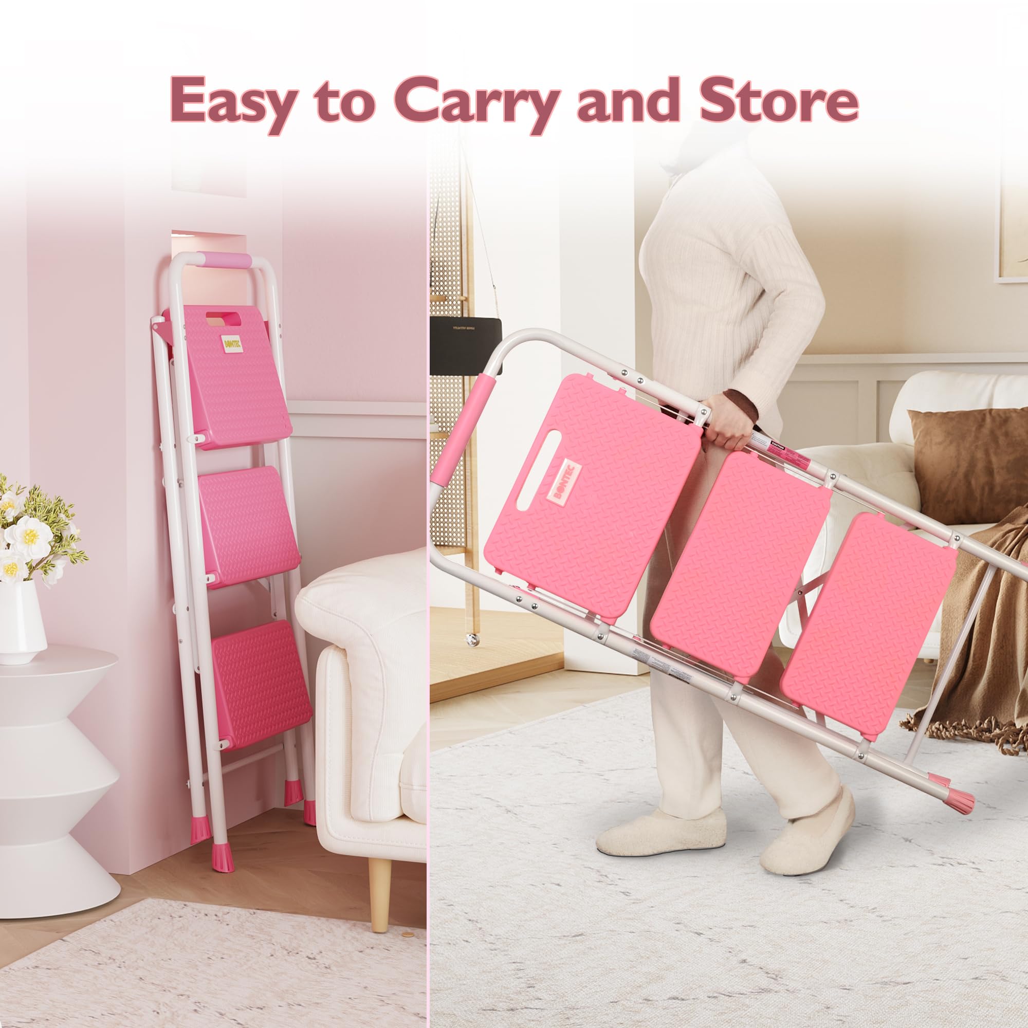 BONTEC 3-Step Ladder, Folding Step Stool, 600lbs Max Load Capacity, Sturdy Steel, Non-Slip Pedals, Lightweight, Portable Steel Ladder with Convenient Handrail, Safety Design for Home & Work, Pink