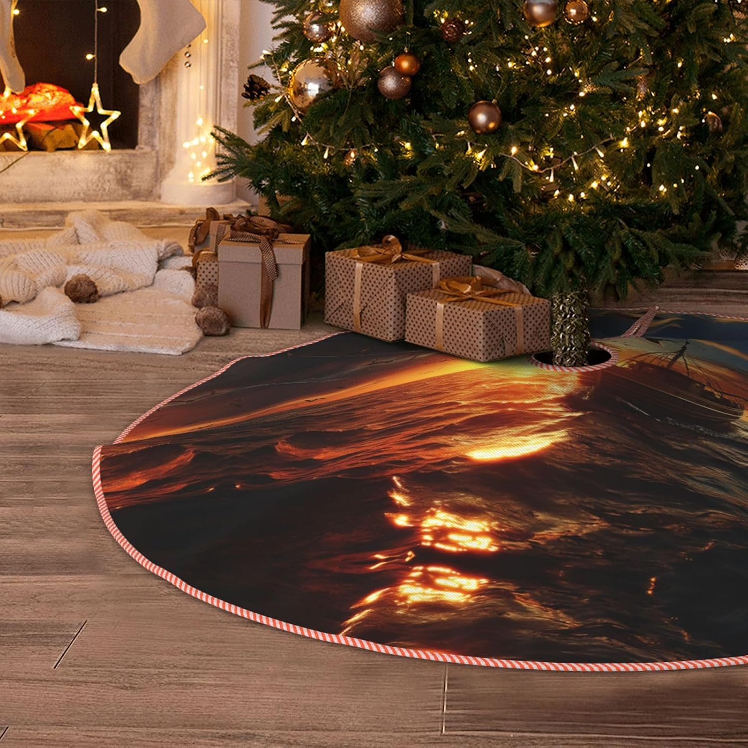 Gunsan Print Christmas Tree Skirt,Xmas Tree mat,Decorations for Xmas Holiday Party Supplies