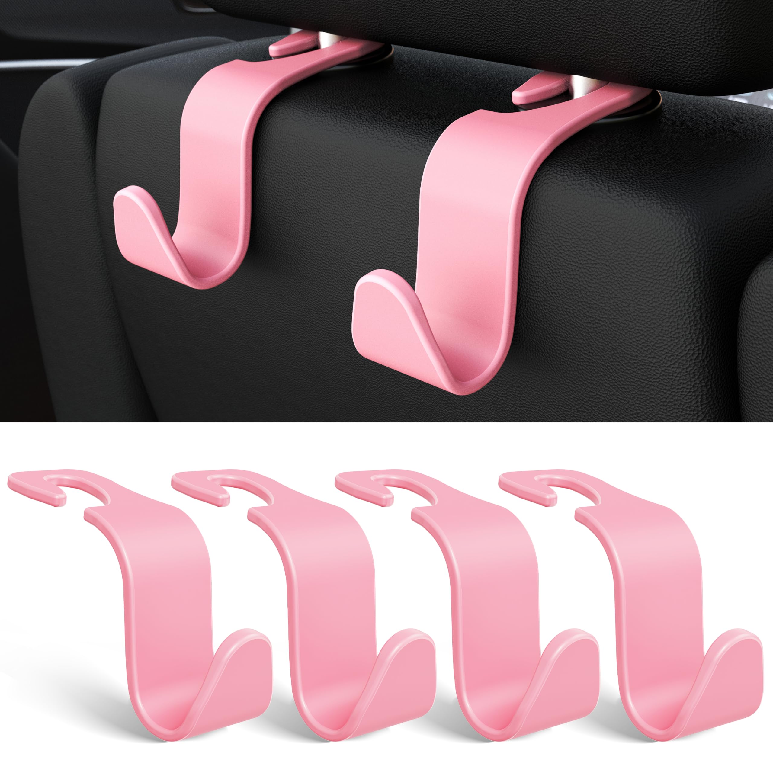 Amooca Universal Car Headrest Hooks, Car Organizer Hanger Storage Hooks for Bag Purse Cloth Grocery (Pink Set of 4)