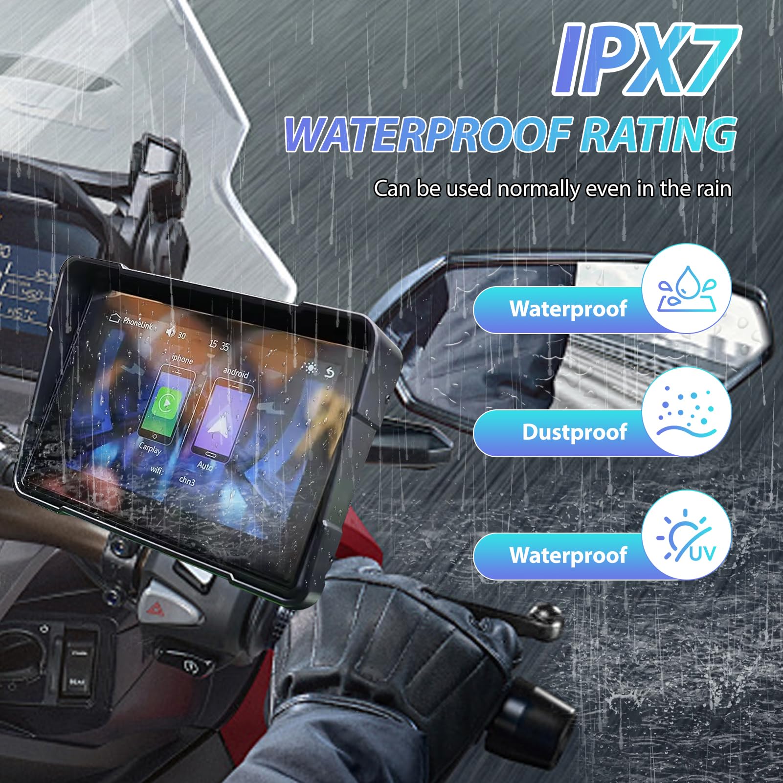 Pantalla GPS Carplay para Motocicleta,Pantalla Coche Carplay y Android Auto Inalámbrico,con IPx7 Impermeable Táctil Pantalla,Bluetooth Trans, Navegación GPS,Control de Voz