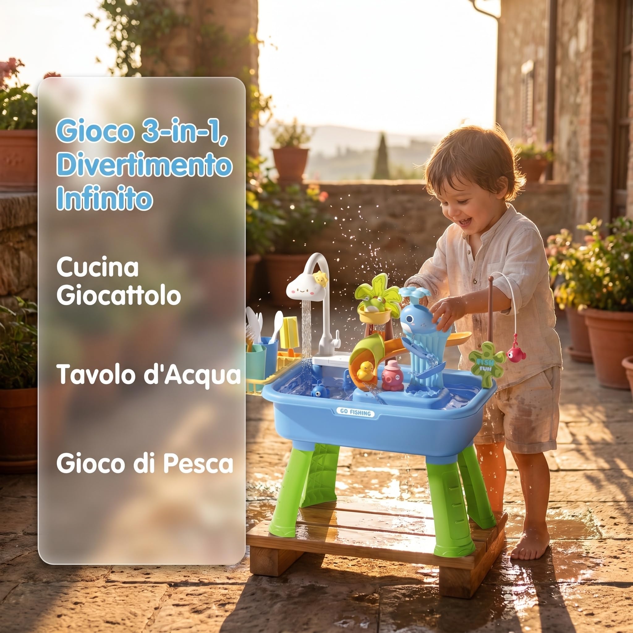43 Pezzi di Giocattoli da Cucina, Set di Giochi di Ruolo, lavastoviglie, Accessori per Cucinare, Pesca, Set interattivo per Giocare a Fare Finta, Blu