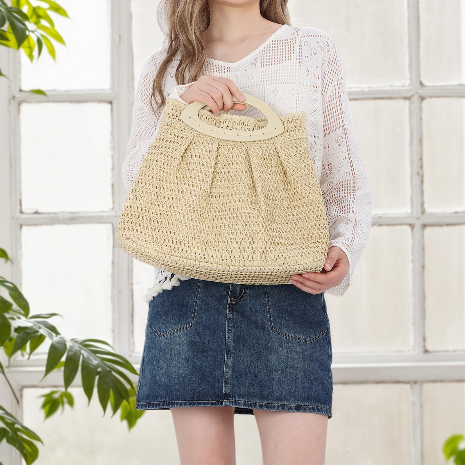 Borsa Tote in Paglia per Estate - Borsa da Spiaggia Tessuta con Manico in Legno, Ideale per Vacanze e Viaggi