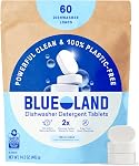BLUELAND 100% Plastic-Free Dishwasher Detergent Tablets, 60 Count, Free & Clear, Eco-Friendly Dishwashing Pods, Cuts Grease & Stuck on Food, Rinses Clean for Streak-Free Shine