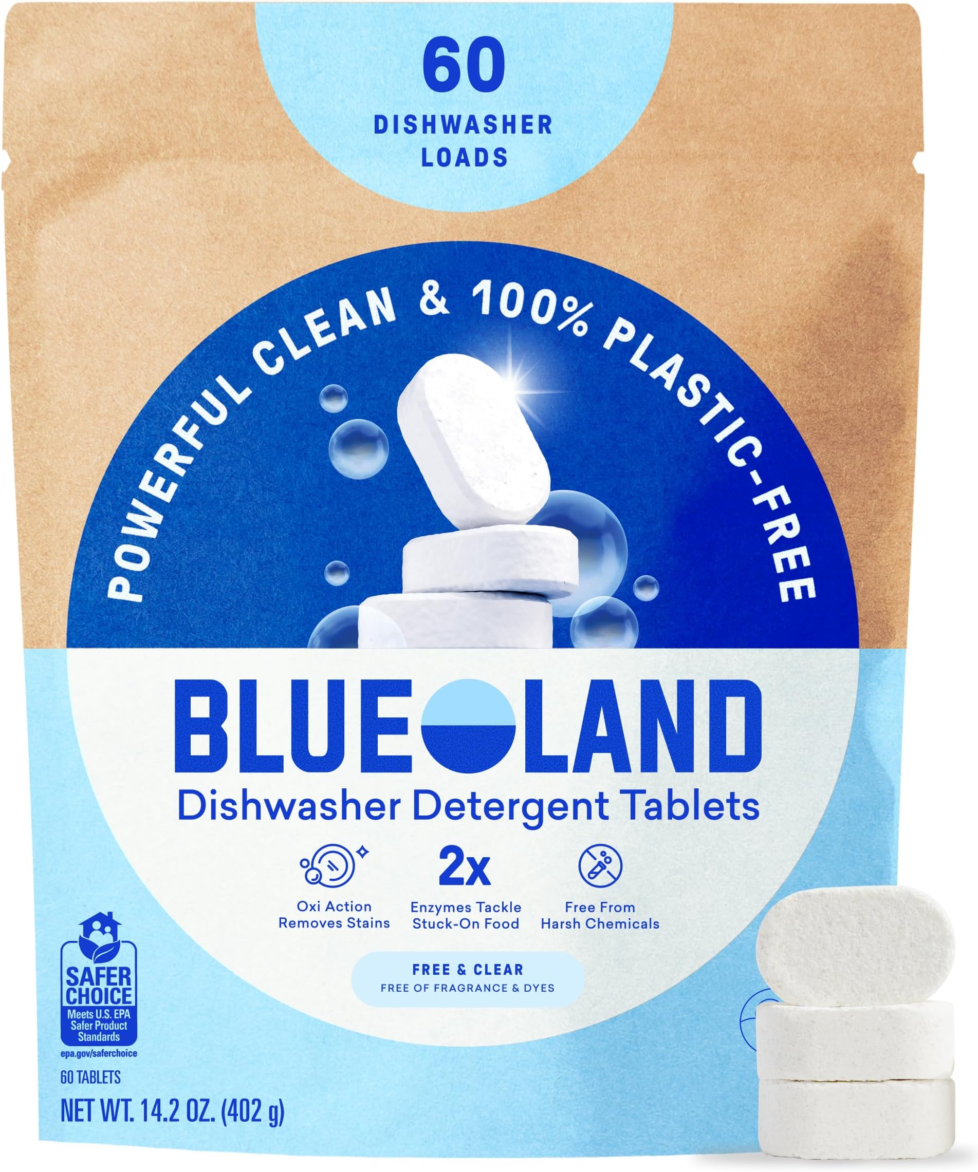 BLUELAND 100% Plastic-Free Dishwasher Detergent Tablets, 60 Count, Free & Clear, Eco-Friendly Dishwashing Pods, Cuts Grease & Stuck on Food, Rinses Clean for Streak-Free Shine