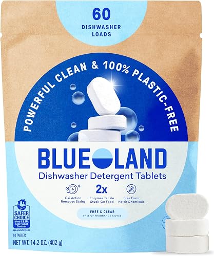 Blueland 100 percent plastic-free dishwasher detergent tablets, 60 count free and clear