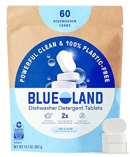 BLUELAND 100% Plastic-Free Dishwasher Detergent Tablets, 60 Count, Free & Clear, Eco-Friendly Dishwashing Pods, Cuts Grease & Stuck on Food, Rinses Clean for Streak-Free Shine