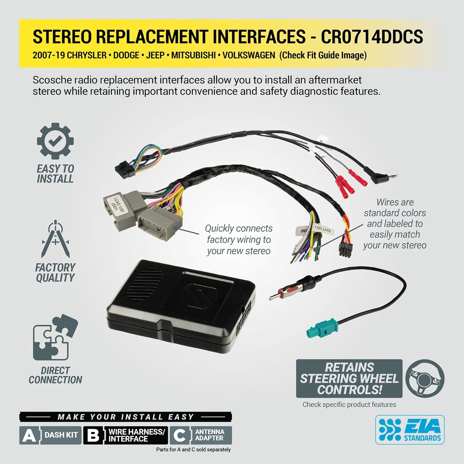 Scosche CR0714DDCS Double DIN Radio Install Dash Kit Compatible with Select 2007-19 Chrysler, Dodge or Jeep Vehicles - Complete Car Stereo Installation Kit - See Fit Guide in Images to Verify Vehicle