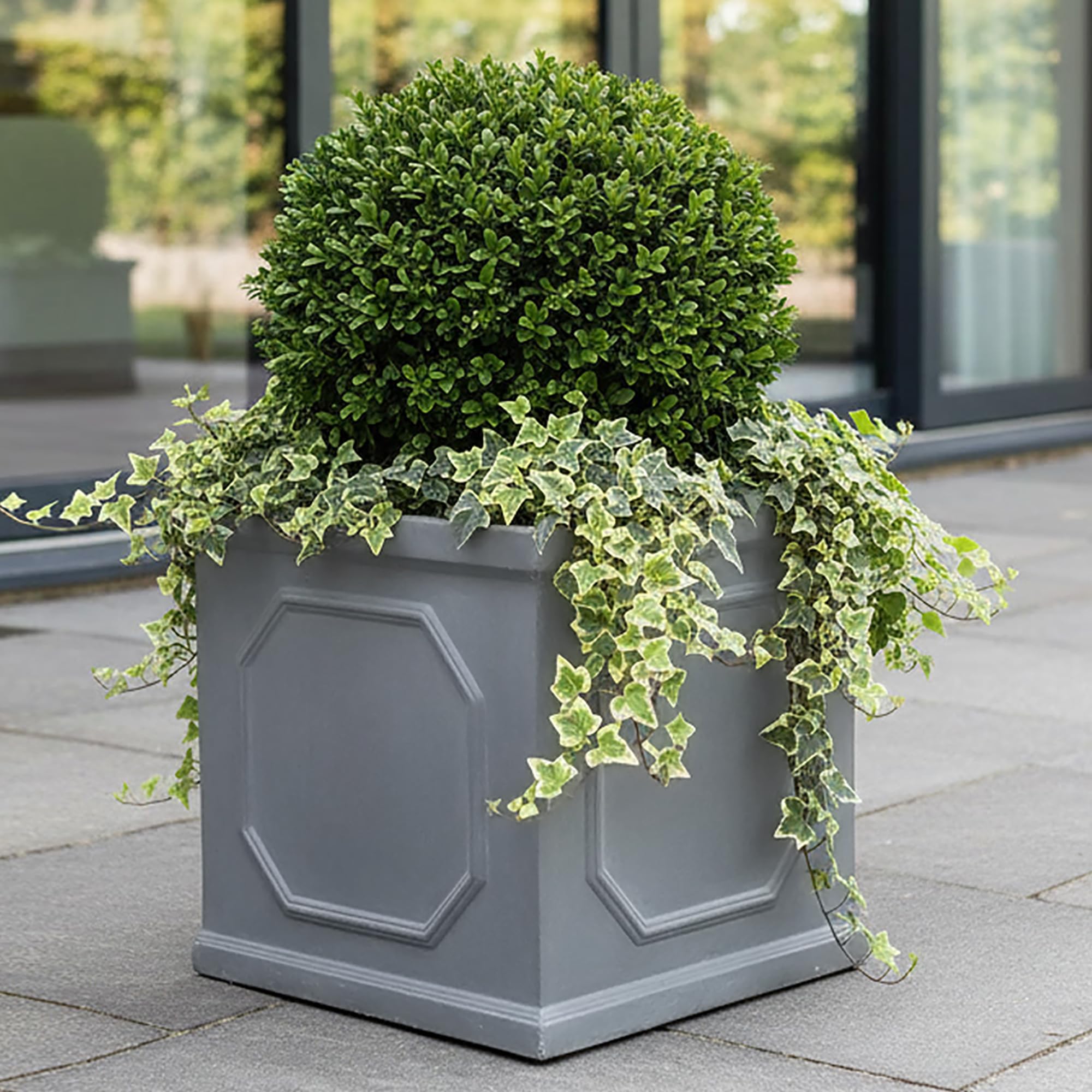 IDEALIST 45cm Large Chelsea Box Planter for Trees | Faux Lead Square Plant Pot | Leaden Grey Reinforced Stone Garden Planter with Drainage Holes L45 W45 H45 cm, 72 litres