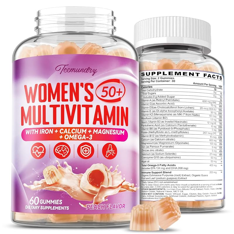 Tcemundry Multivitamínico para mulheres 50+ com vitaminas, minerais, CoQ10 e ômega 3, 60 gomas