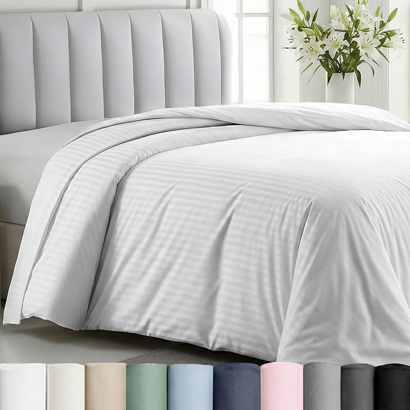 Funda nórdica de lujo para cama matrimonial/queen, color blanco a rayas | Suave satén de algodón 100 % de 400 hilos, respaldado por un buen sello de limpieza, cierre de botones y lazos en las esquinas (sin fundas de almohada).