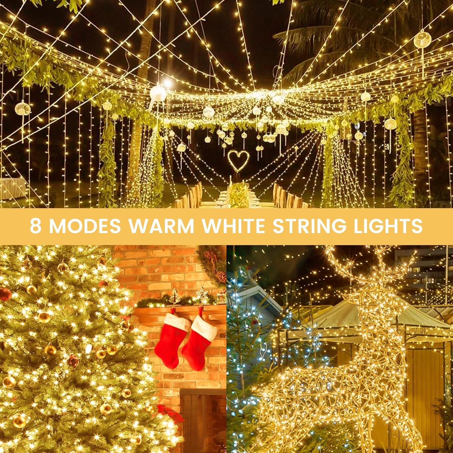 Lot de 4 guirlandes lumineuses à piles avec minuterie, 200 LED, étanches, 8 modes, pour fête intérieure et extérieure, chambre à coucher, guirlande d'arbre, décorations de Noël (blanc chaud)