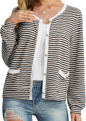 Women Striped Cardigan Button Cardigan Sweaters Dressy Casual Lightweight Jacket with Patch Pockets for Women