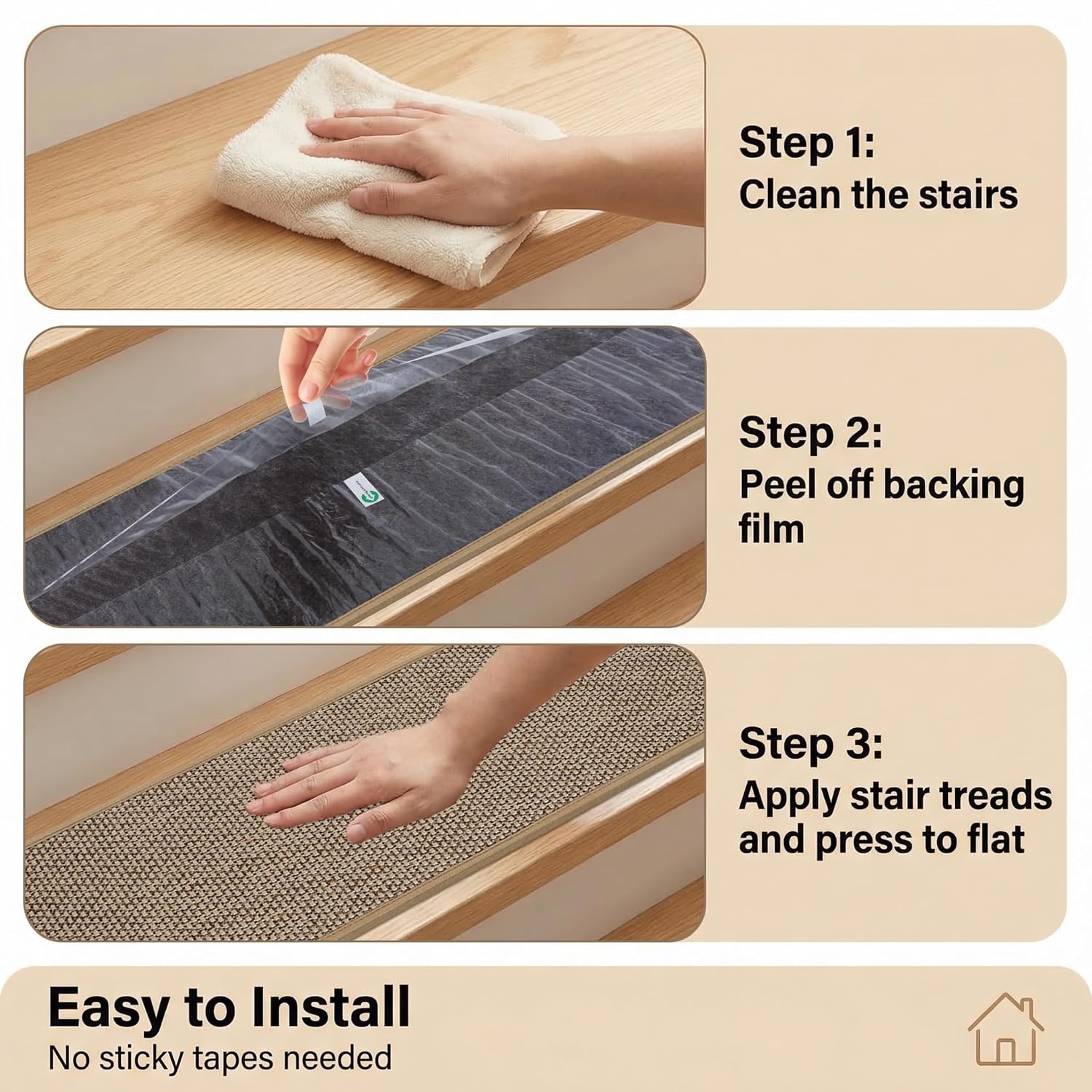 Stair Treads for Wooden Steps Indoor 9" X 30",15Pack Adhesive Treads Stair Non-Slip Linen Carpet Stair Treads Peel and Stick Stair Runner Rugs for Kids Elders and Pet,Beige