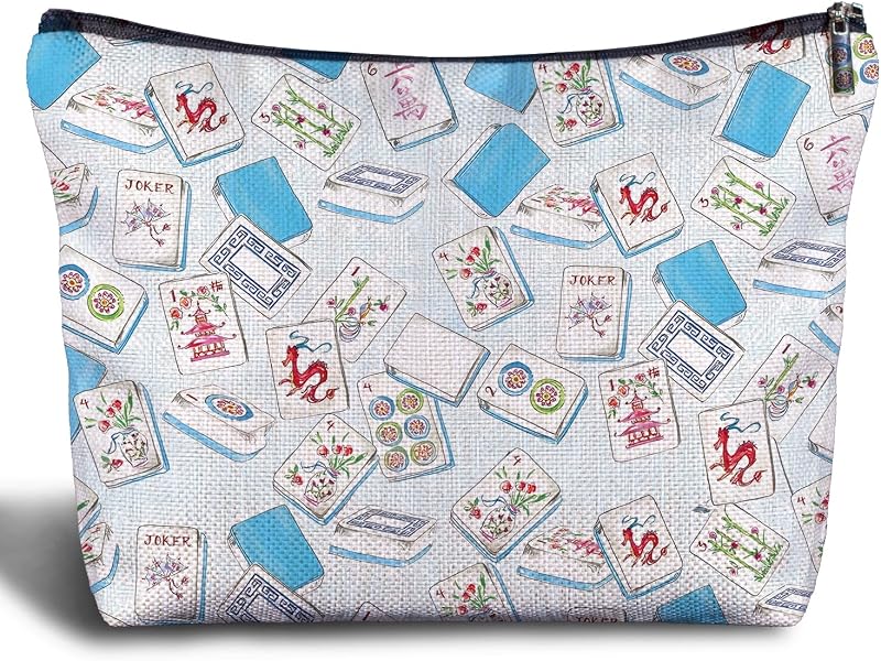 Necessaire de maquiagem Zomhix azul-claro com estampa Chinoiserie Mahjong e zíper