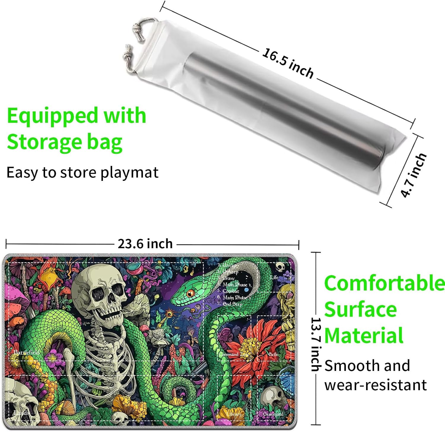 Playmat 24" x 14" with Magic Zones for MTG Card Game Playing, Board Game Mat for Card Breaking Commander Deck Gaming Card Game Battles Mat with Storage Bags, Snake Skeleton Floral
