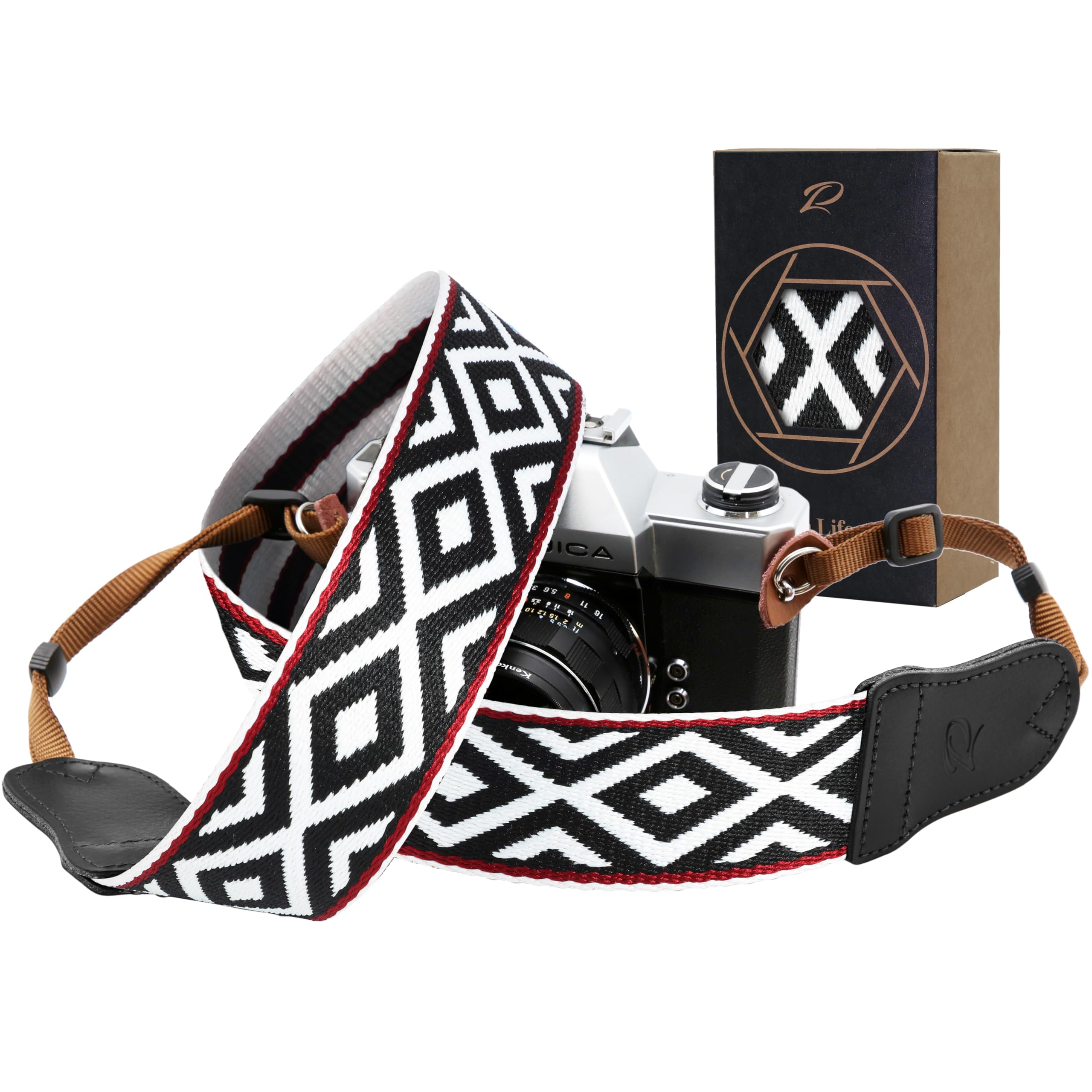 Padwa Lifestyle Camera Strap - 2" Cowhide Head Camera Straps for Photographers,Vintage Jacquard Embroidery Woven Cotton Adjustable Shoulder Neck Straps for All DSLR Cameras(Black White Rhombus)
