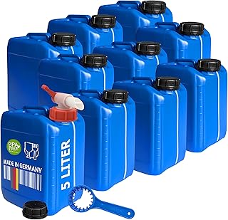 plasteo® 10 bidones de 5 litros con cierre de seguridad (DIN 51), llave bidón DUO 51/61 + grifo, apto para alimentos, portátil, apilable, calidad pesada, interior y exterior, sin BPA, color azul