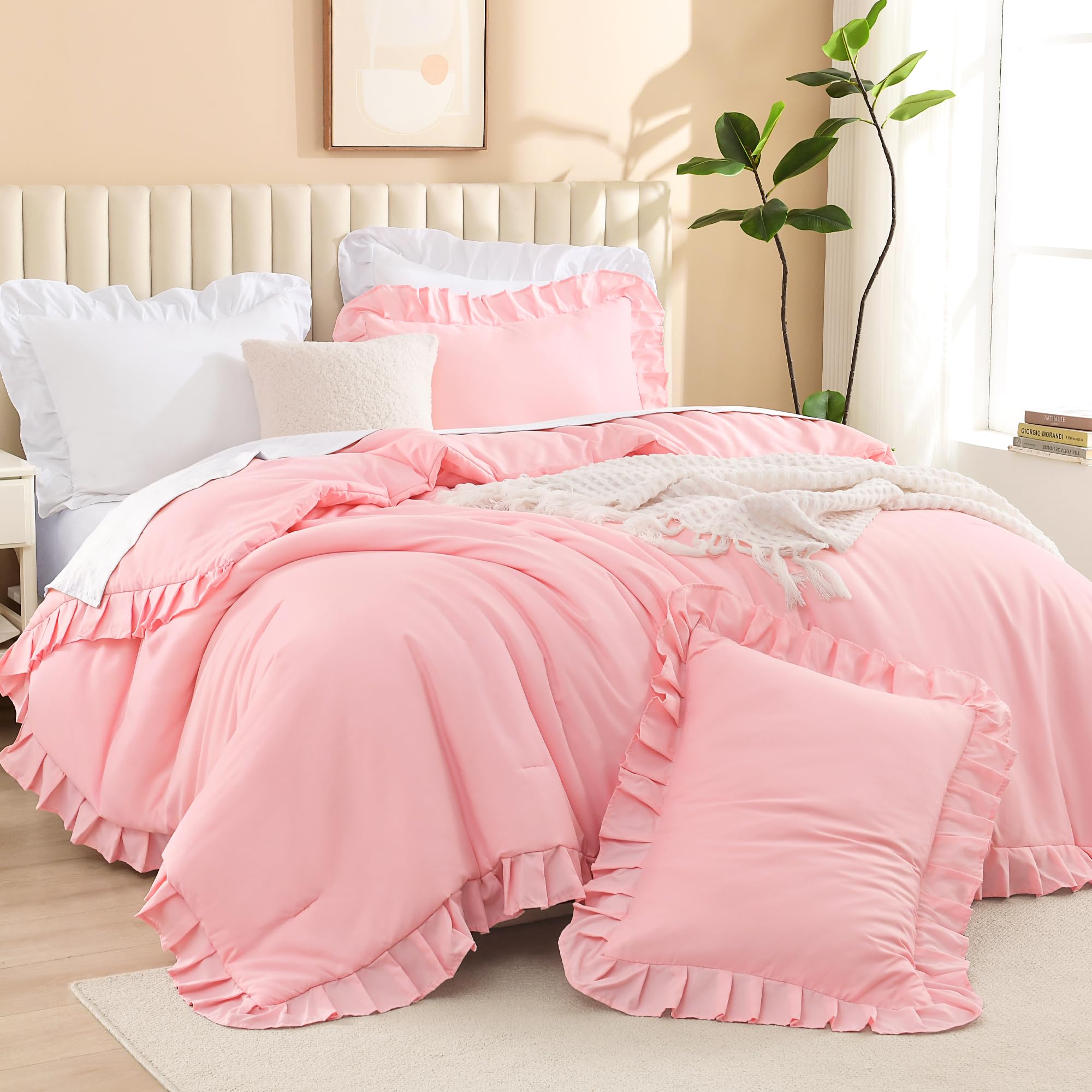 Photo 1 of Litanika Pink Queen Comforter Set, 3 Pieces Ruffle Farmhouse Aesthetic Bedding Comforter Set, All Season Soft Lightweight Fluffy Microfiber Bed Set(90x90In Comforter, 2 Pillowcases)