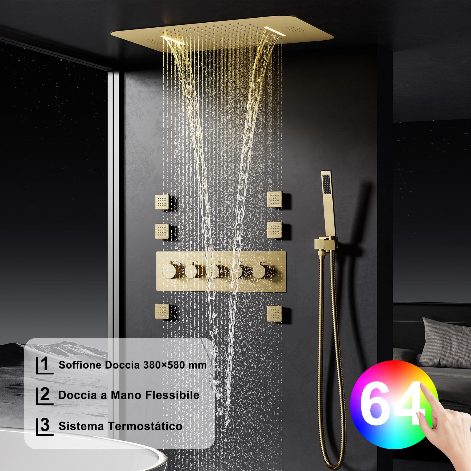 Miscelatore Doccia Incasso, Colonna Doccia Idromassaggio,64 Colori RGB | Musica Colonna Doccia Idromassaggio Senza Miscelatore, 6PCS Getti Idromassaggio, 38℃ Termostatico, Oro spazzolato