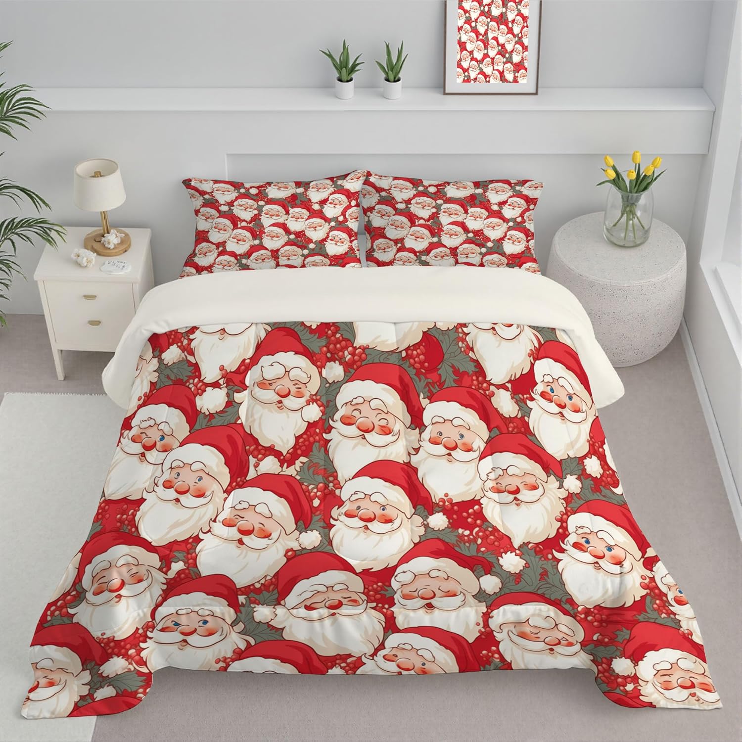 Santa Claus Printed Comforter Set King Size, Cartoon Style Bedding Set Super Soft Duvet Insert with 1 Pillowcases for All Season for Adults Kids 104 x 90in, Red