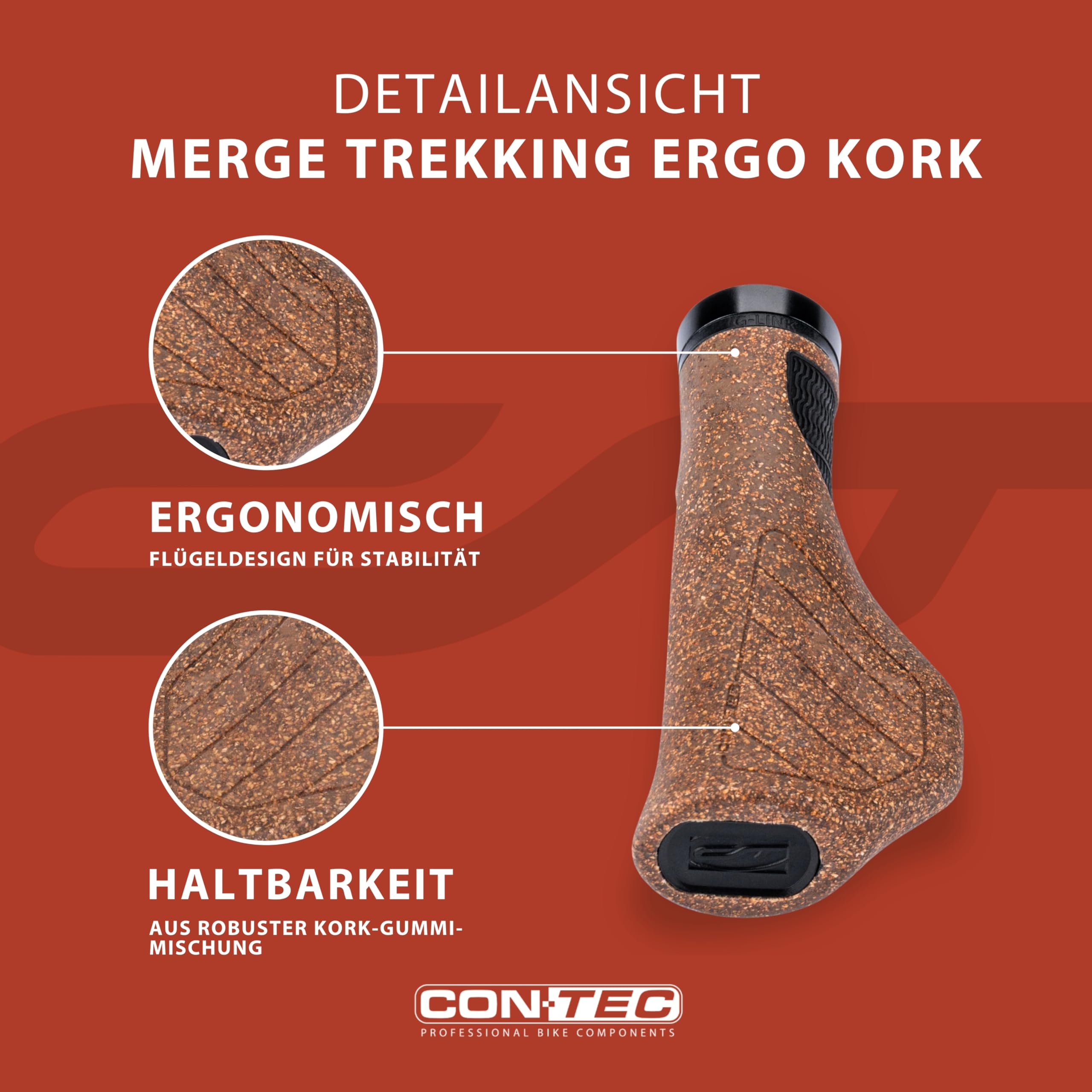 CONTEC Fahrrad-Griffe Merge Trekking Ergo Kork, 140 mm, D3-Dreikomponenten, G-Link-System, Ergonomisch, Stoßdämpfend, Atmungsaktiv, braun, Paar