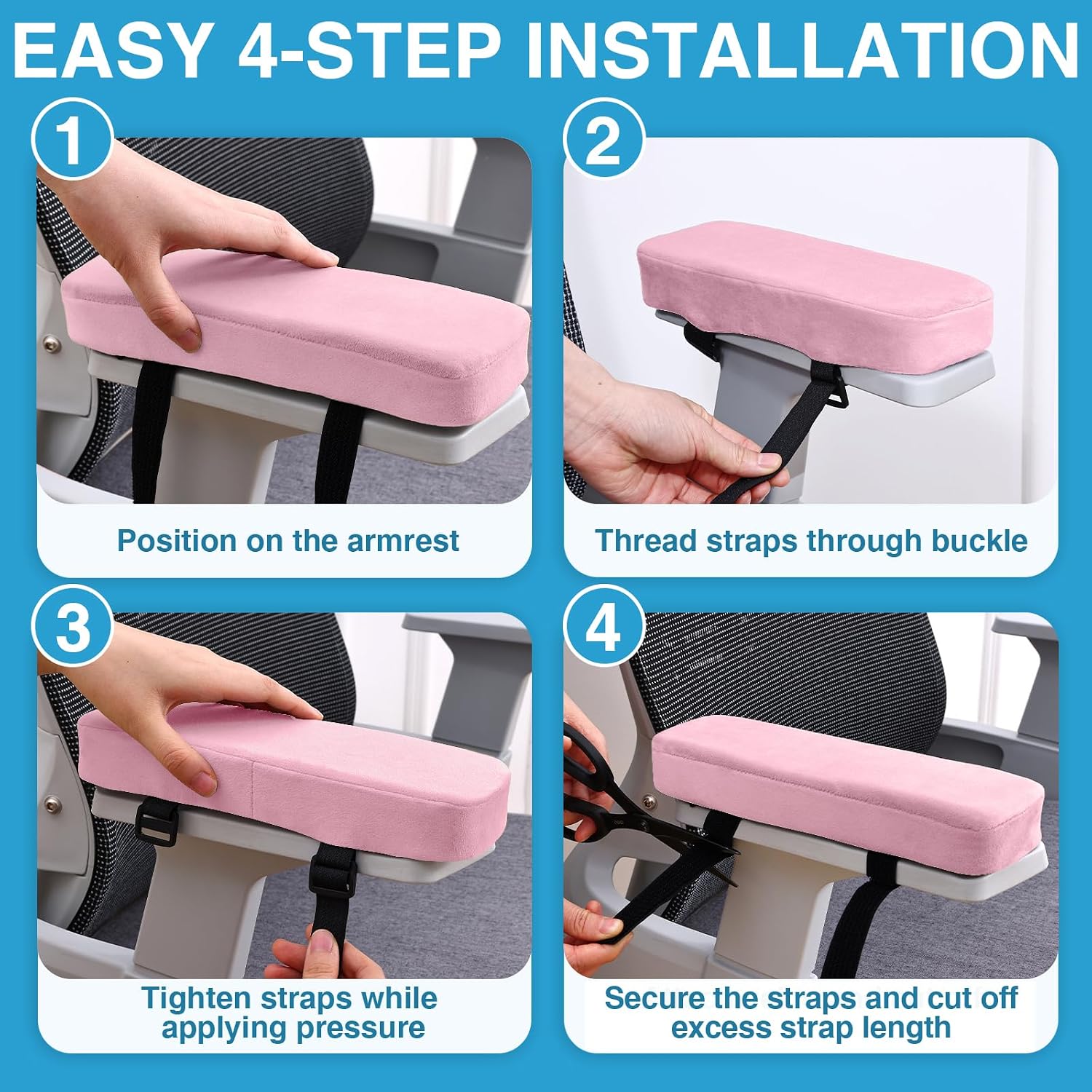 Smiry Ergonomic Office Chair Armrest Pads, Memory Foam Arm Rest Covers, Non-Slip Armrest Cushion with Adjustable Buckles and Straps, Elbow Relief for Desk, Gaming & Wheelchair (Pink, Set of 2)