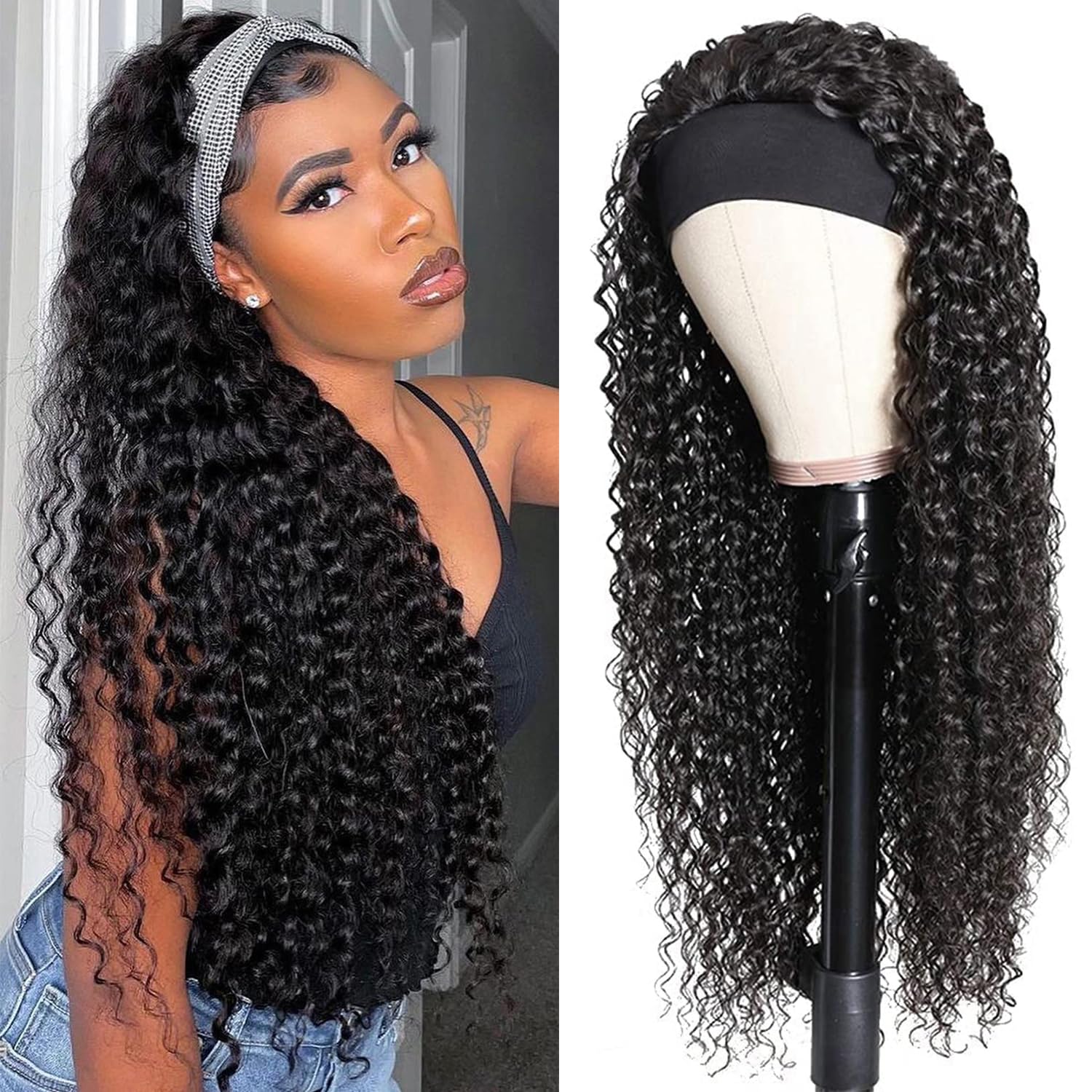 Headband Wig Deep Wave Human Hair Wigs Virgin Hair Brazilian Remy Hair Glueless Non Lace Front Wig for Black Women Wear and Go Wigs Deep Curly Wave Headband Wig (28 Inch, Natural Color)