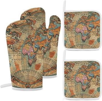 Oven Mitts and Pot Holders Set of 4 Kitchen Oven Old Stained World Map Glove Pot Holders Sets Kitchen Heat Resistant Oven Gloves and Hot Pads for Cooking Grilling Baking