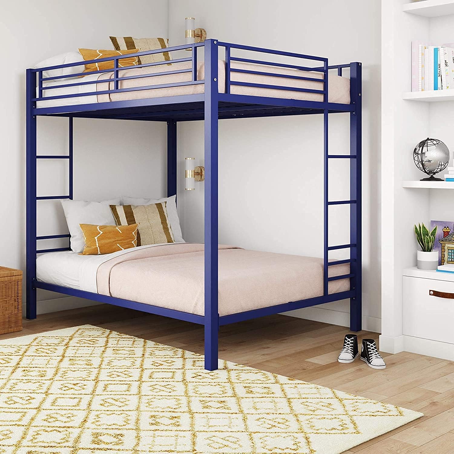 Unqiue Handicraft Full Bunk Bed for Kids, Metal Frame with Ladder (Blue